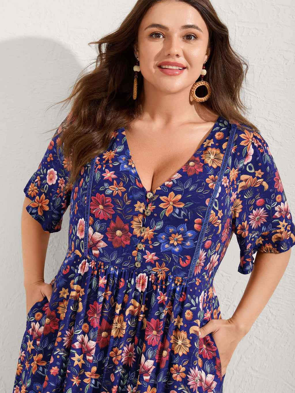 Rayon Floral Lace Trim Button Maxi Dress