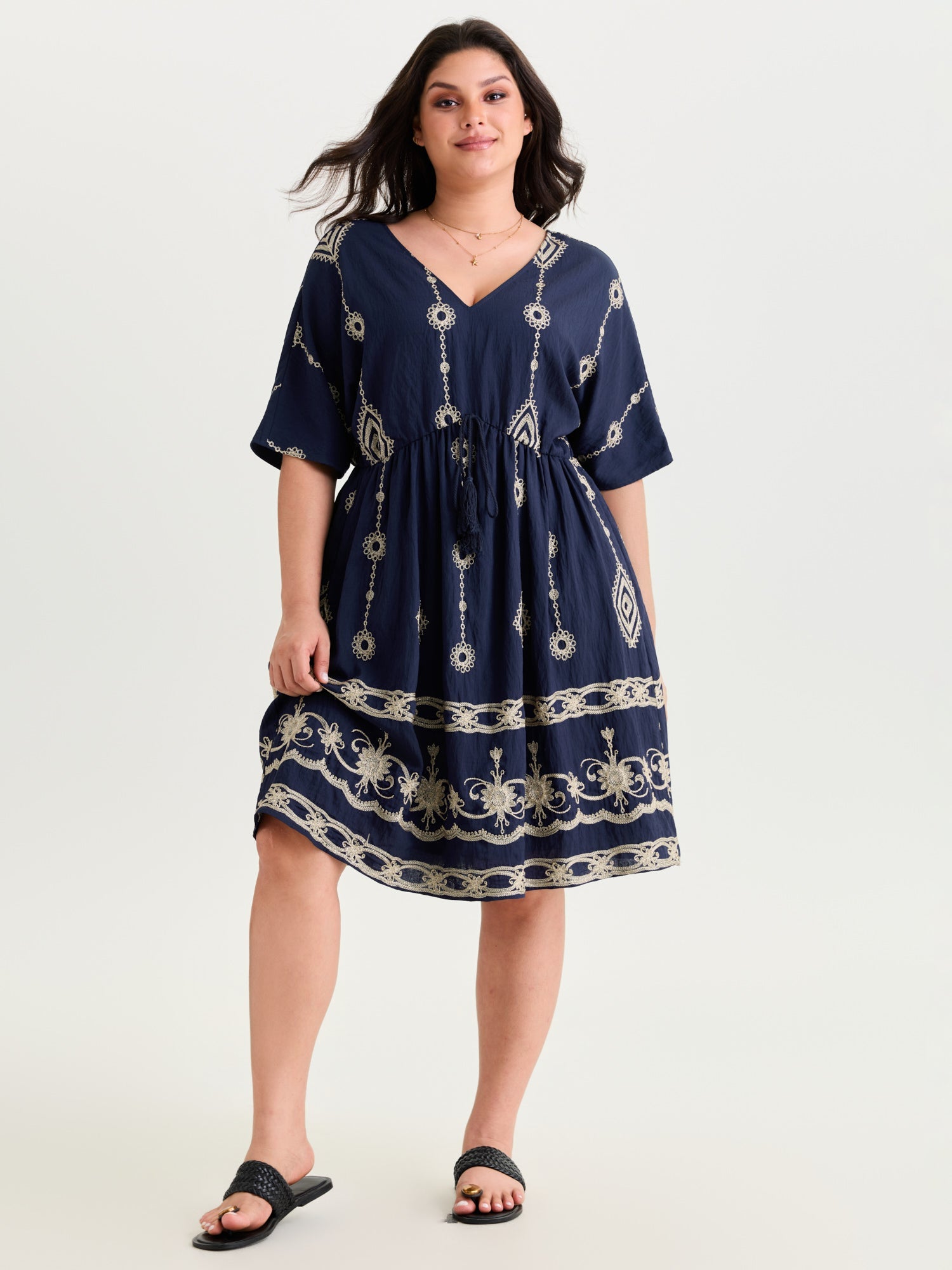 Boho Embroidered Waist Tie Mini Dress