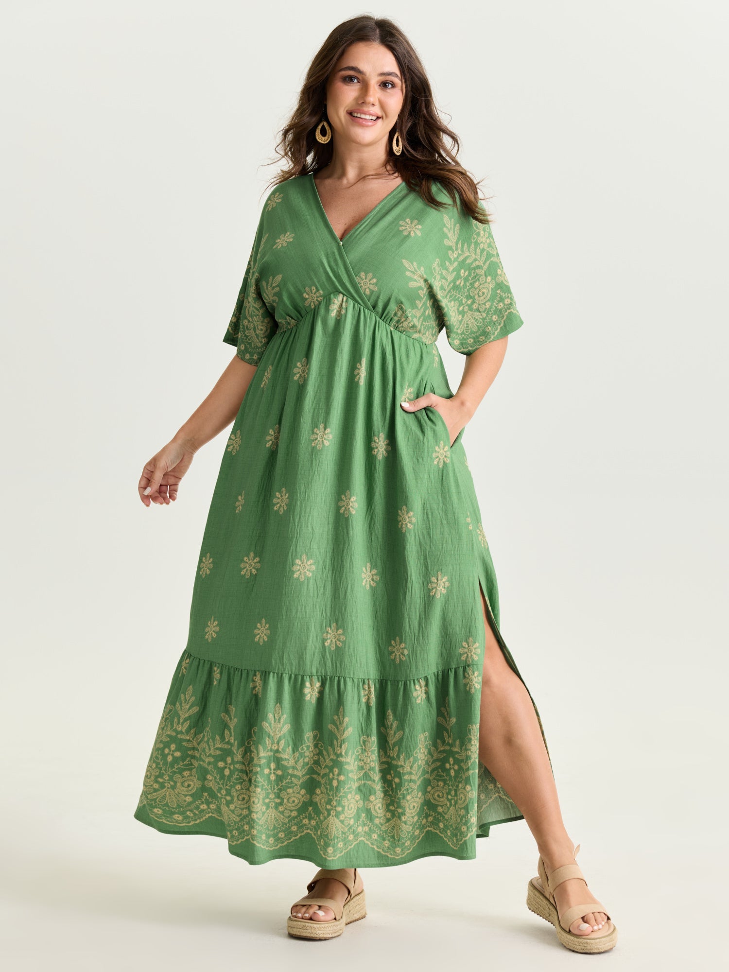 Surplice Neck Split Side Pockets Maxi Dress