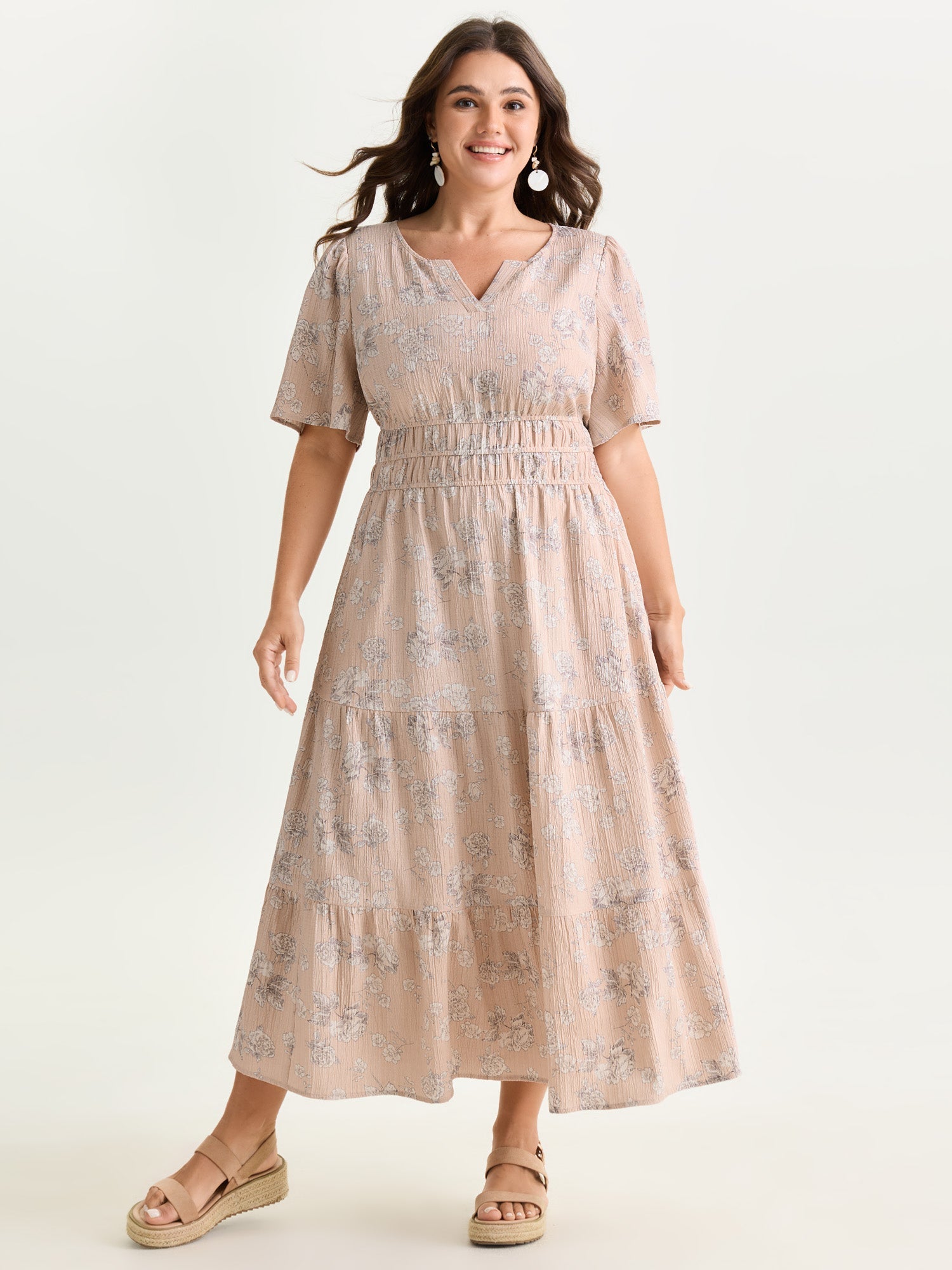 Textured Shirred Cinched Waist Maxi Dress