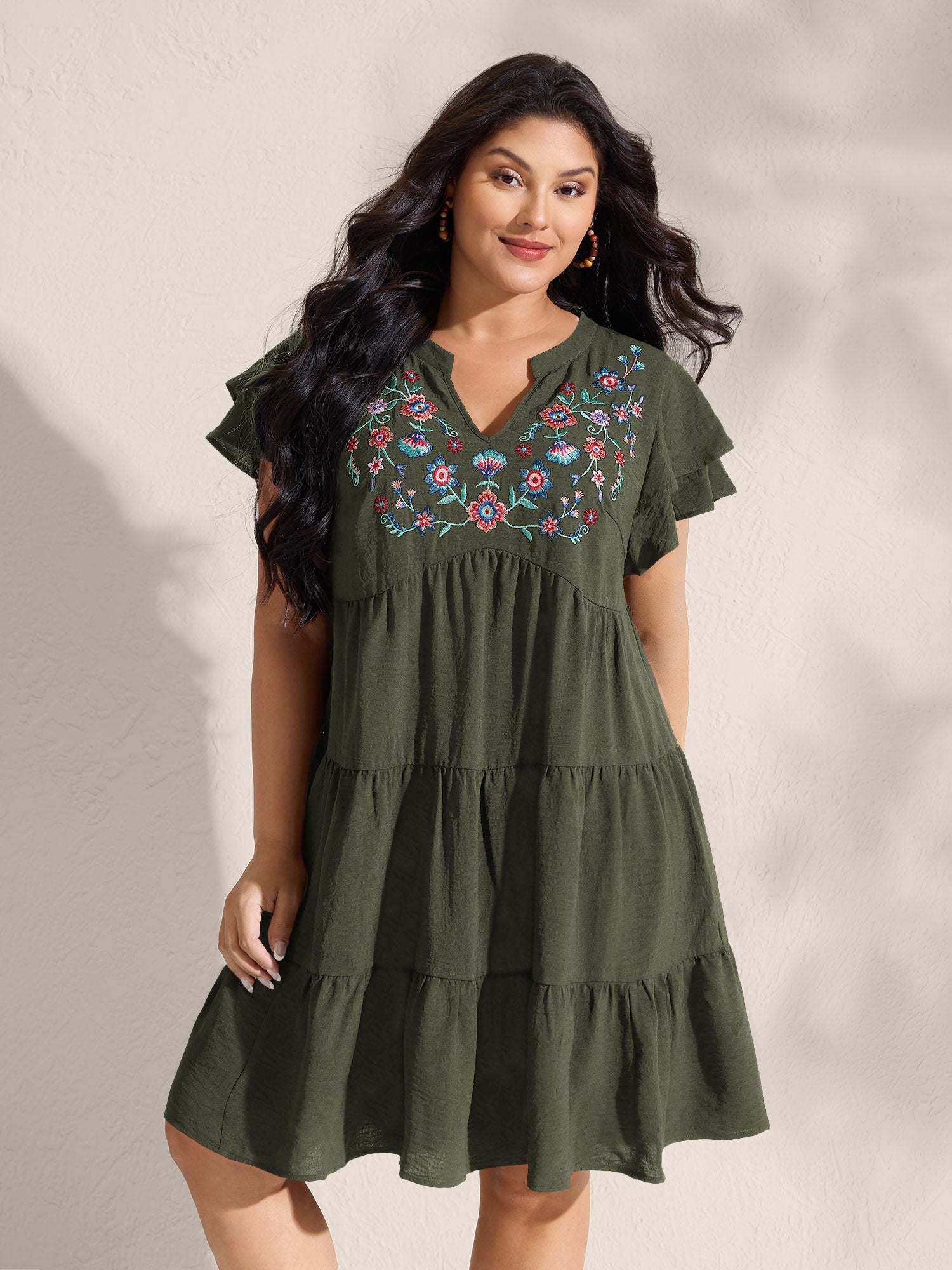 Embroidered Neckline A-Line Ruffled Knee-Length Dress