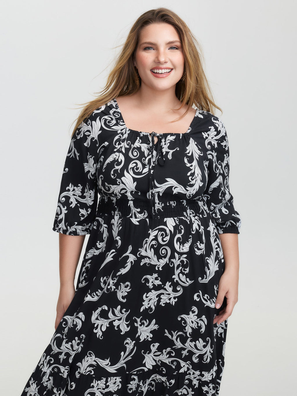 Scroll Pattern Adjustable Drawstring Pockets Midi Dress