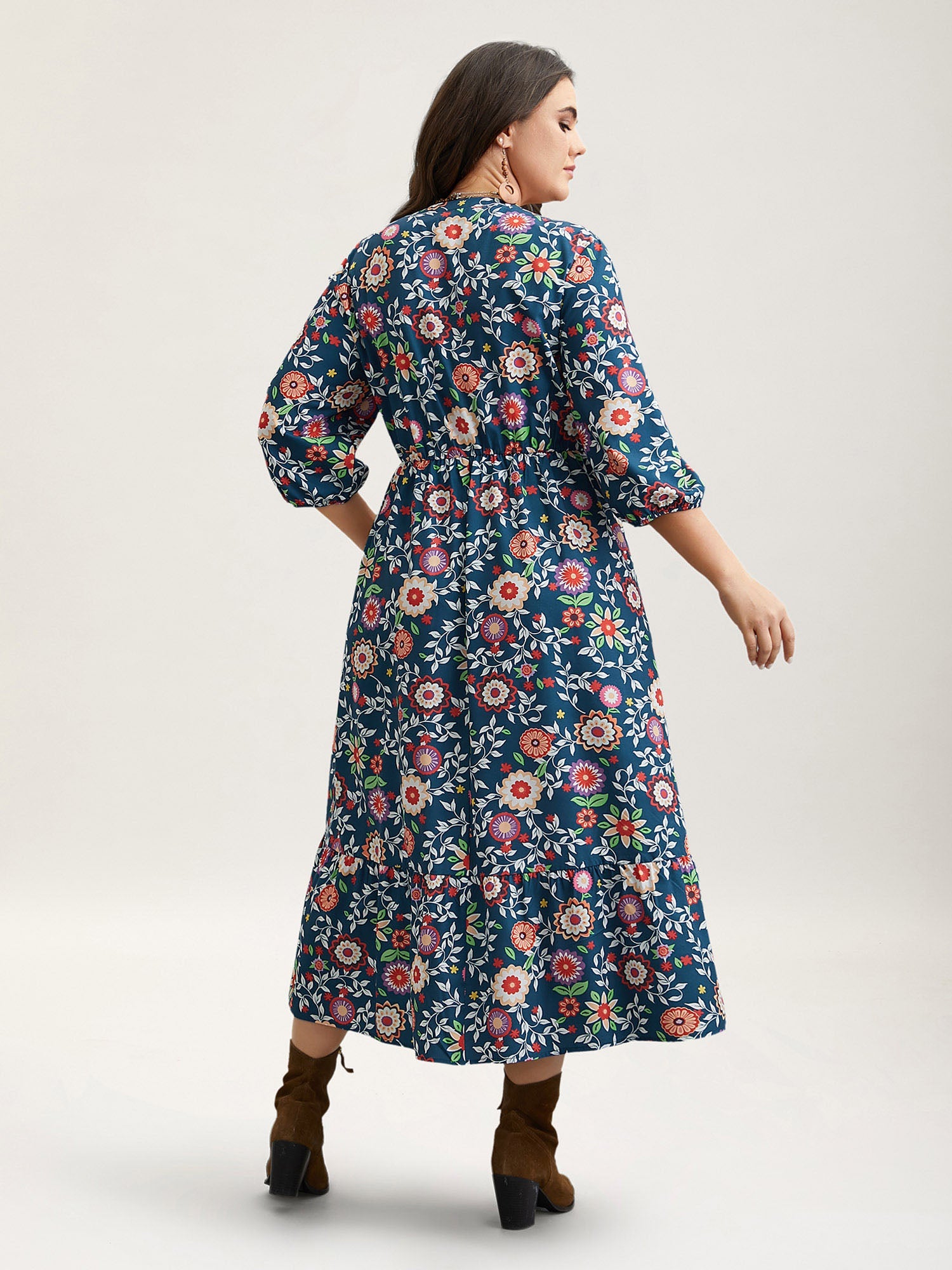 Floral Print Stretchy-Waist Pockets Midi Dress