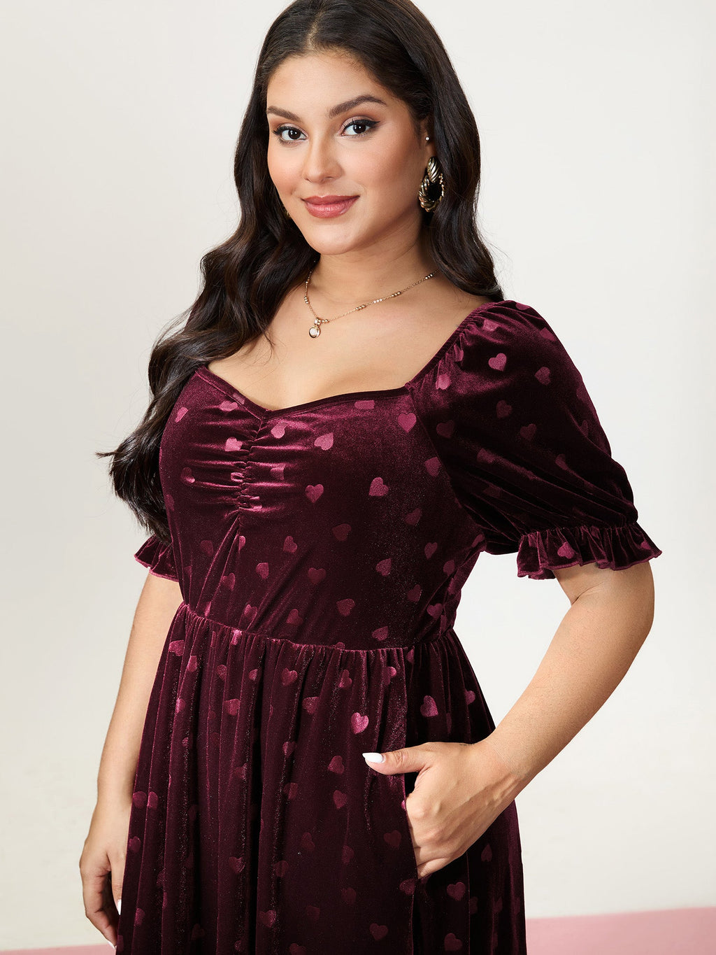 Velvet Heart Print Puff Sleeve Mini Dress