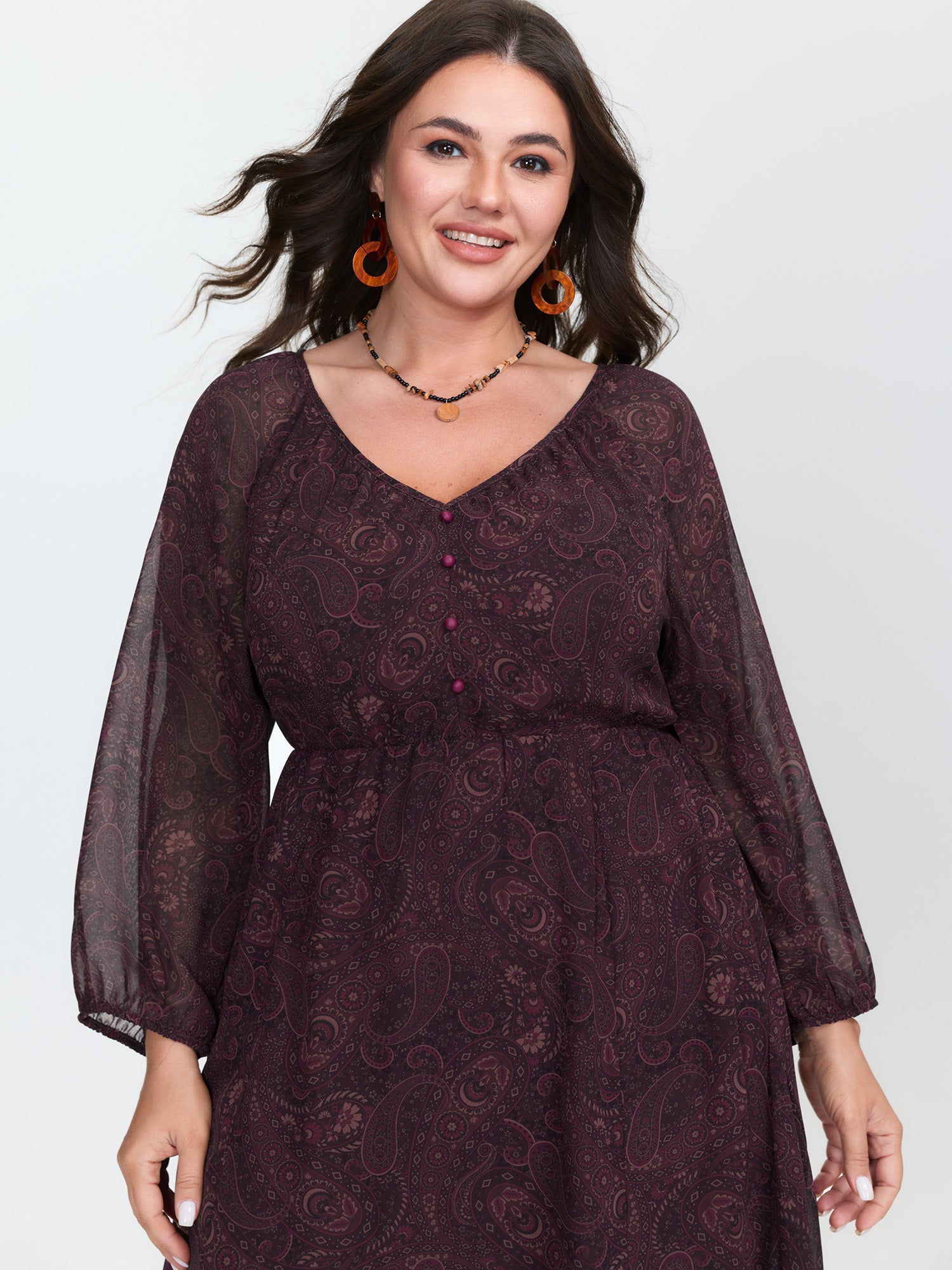 Sheer Sleeve Contrast V-Neck Midi Dress