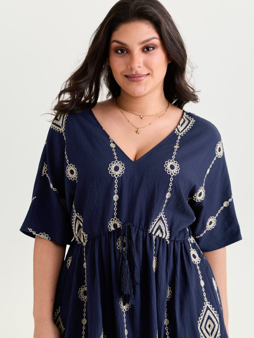 Boho Embroidered Waist Tie Mini Dress