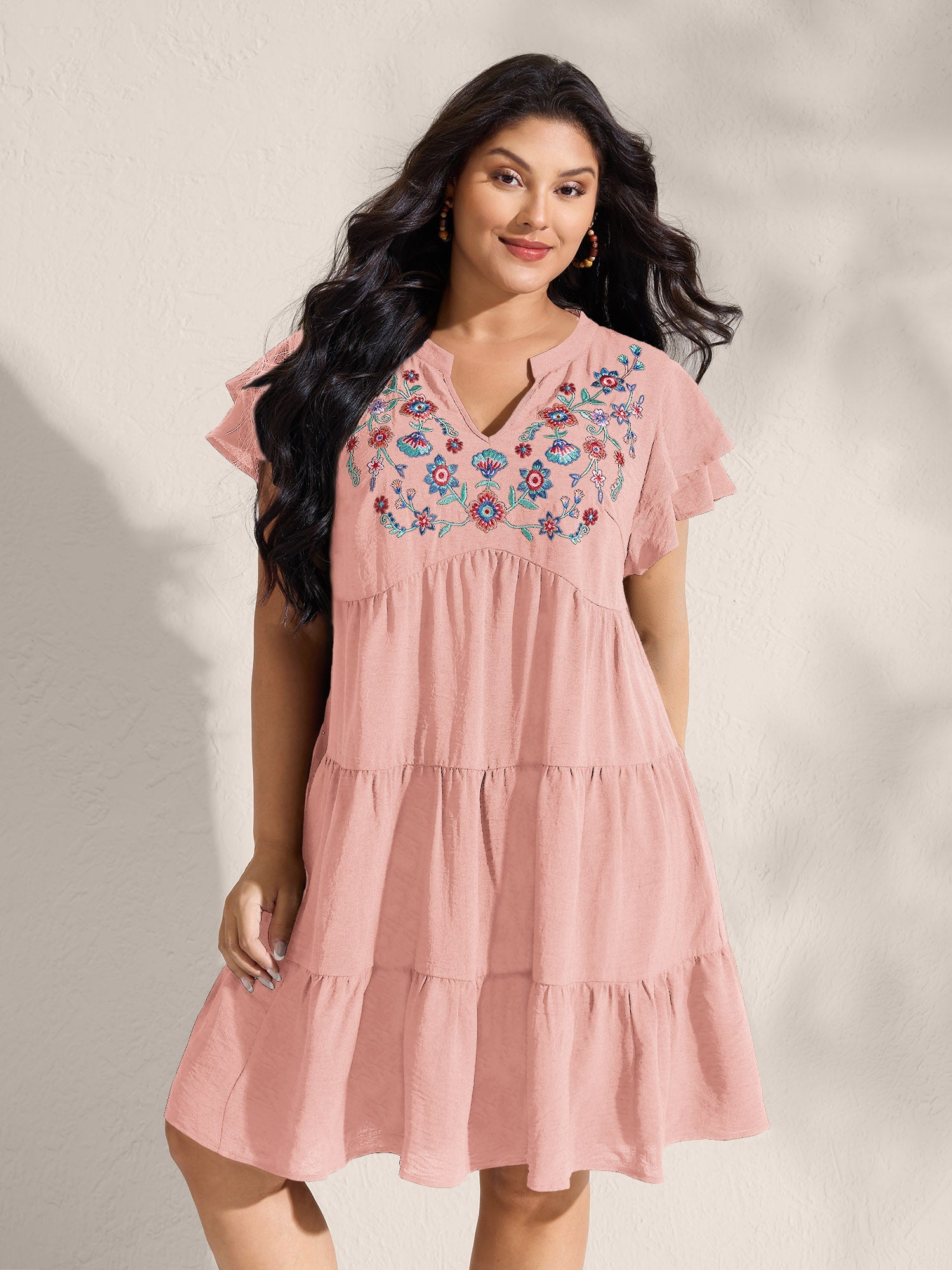 Embroidered Neckline A-Line Ruffled Knee-Length Dress
