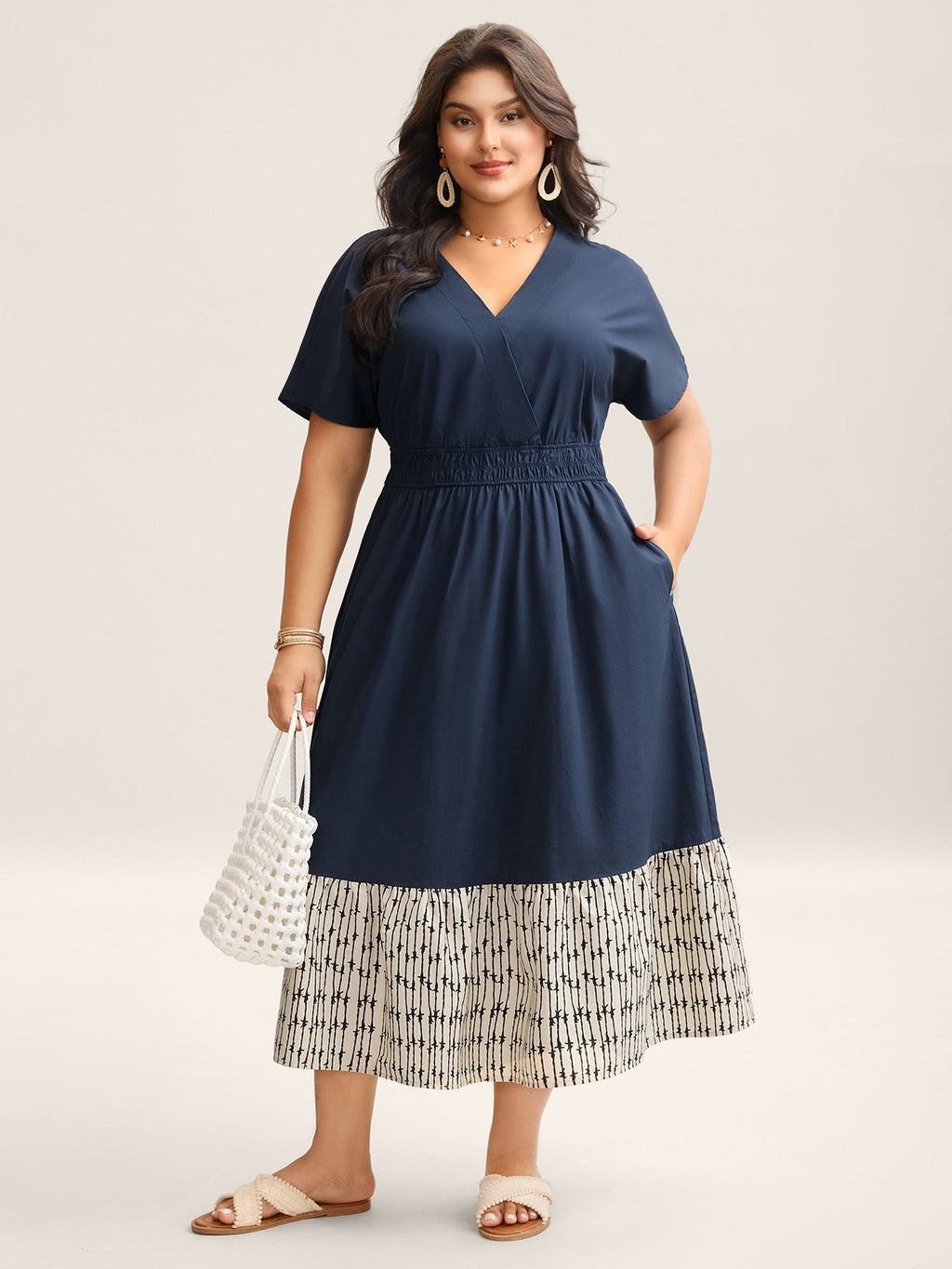 Cotton Color Block Cinched-Waist Spliced Midi Dress