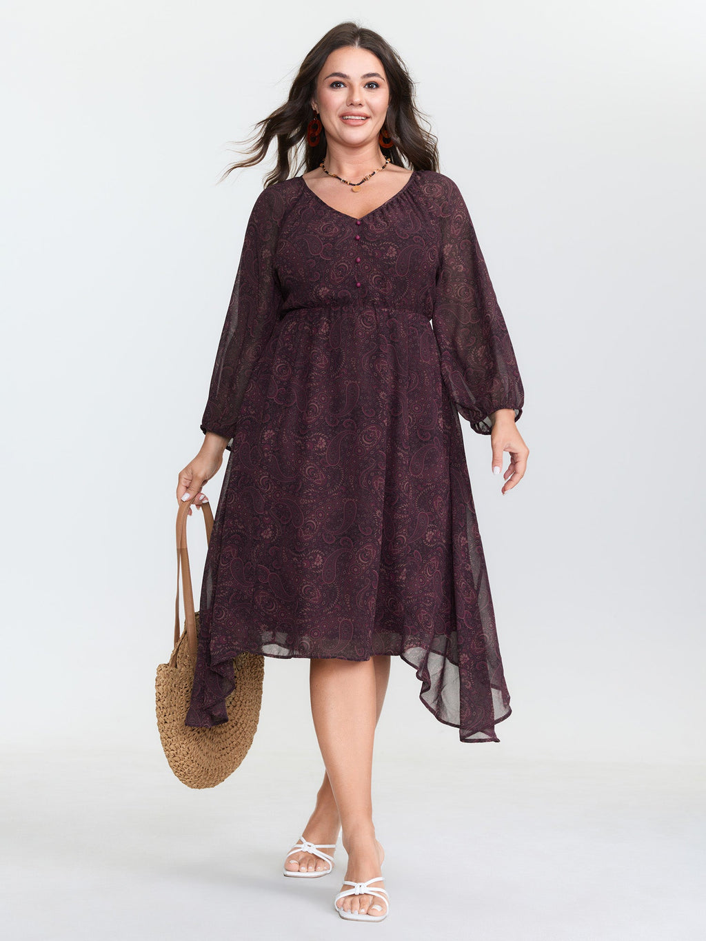 Sheer Sleeve Contrast V-Neck Midi Dress