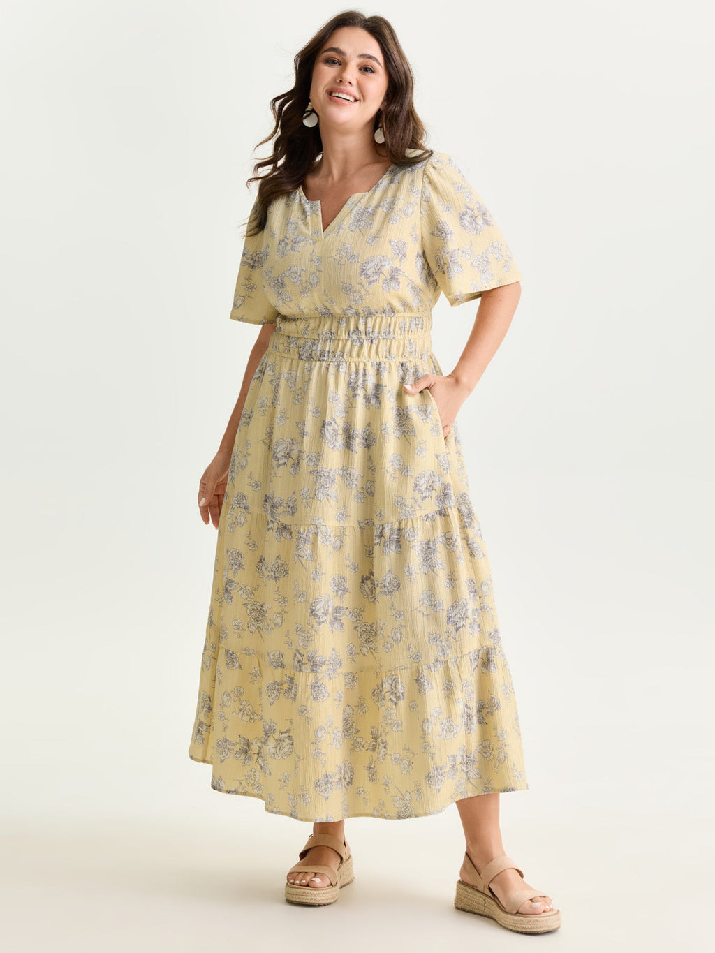 Textured Shirred Cinched Waist Maxi Dress