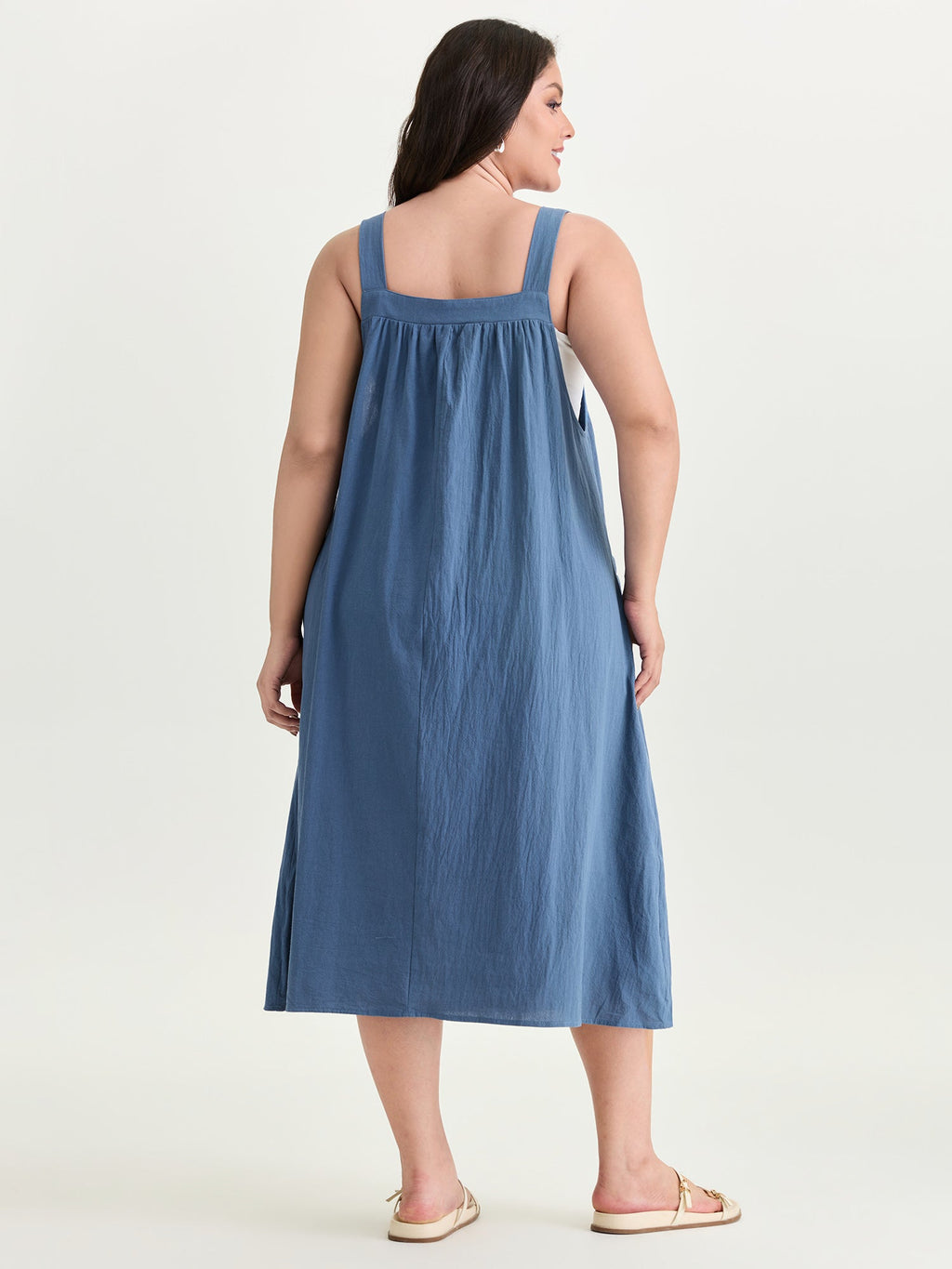 Pure Cotton Pleated Pockets Midi Dress