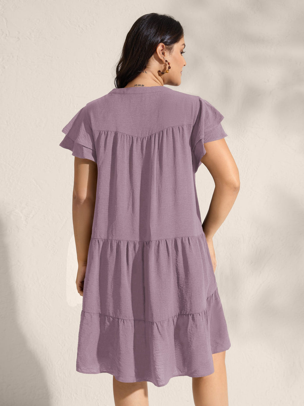Embroidered Neckline A-Line Ruffled Knee-Length Dress
