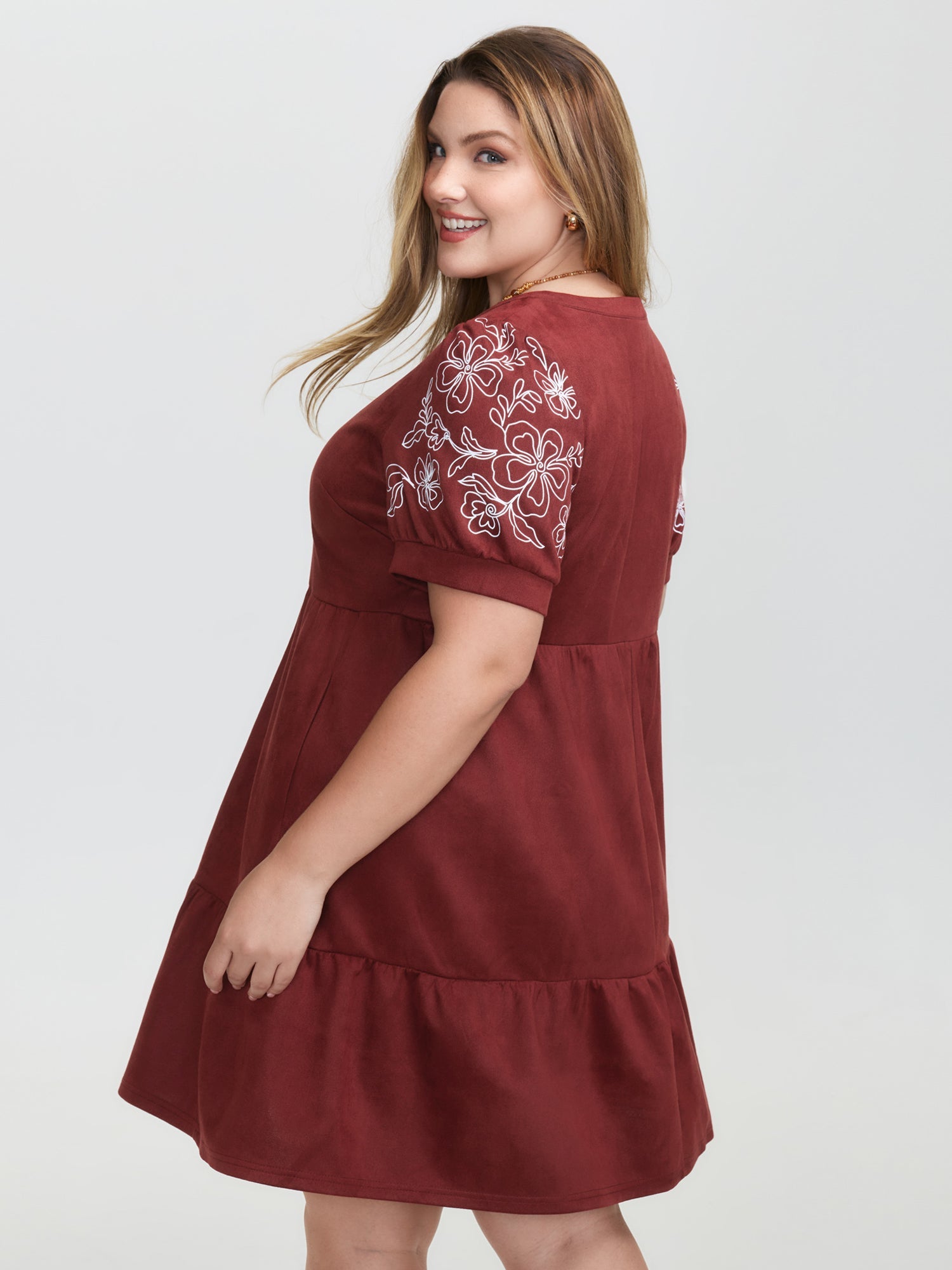 Thread Embroidery Tiered Pockets Mini Dress