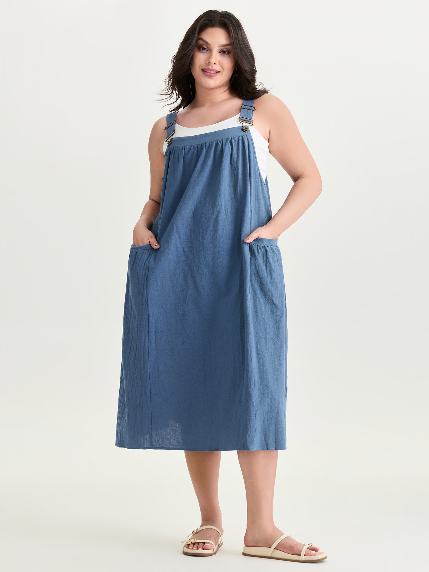 Pure Cotton Pleated Pockets Midi Dress