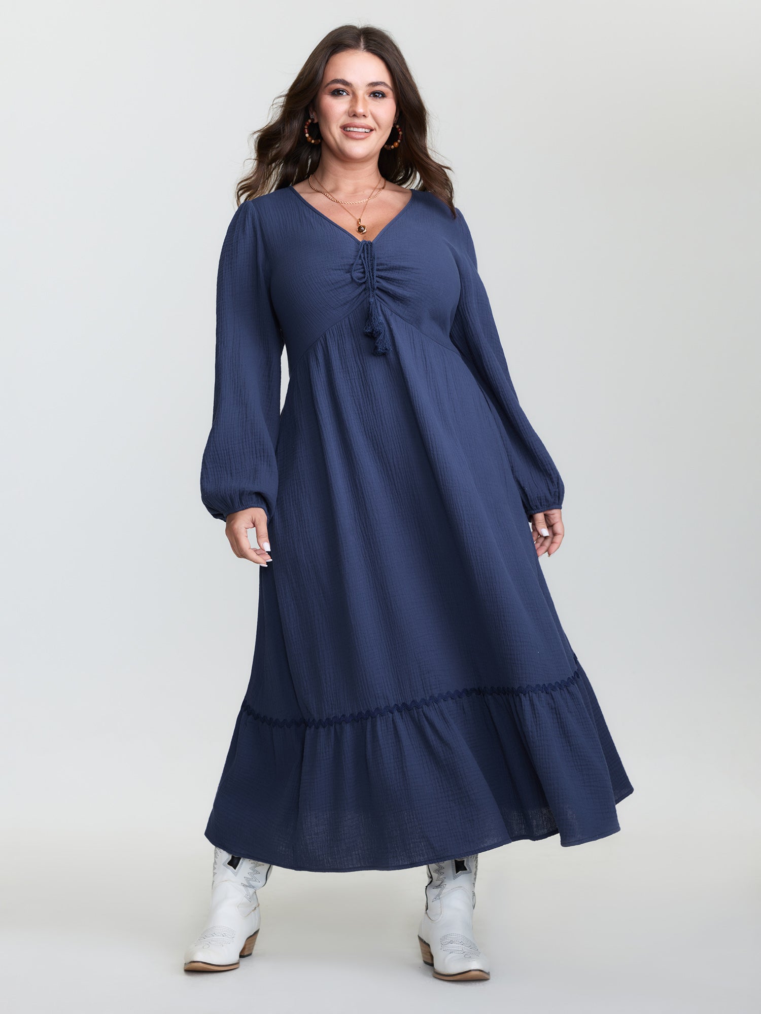 Cotton Ruched Drawstring Neckline Tiered Midi Dress