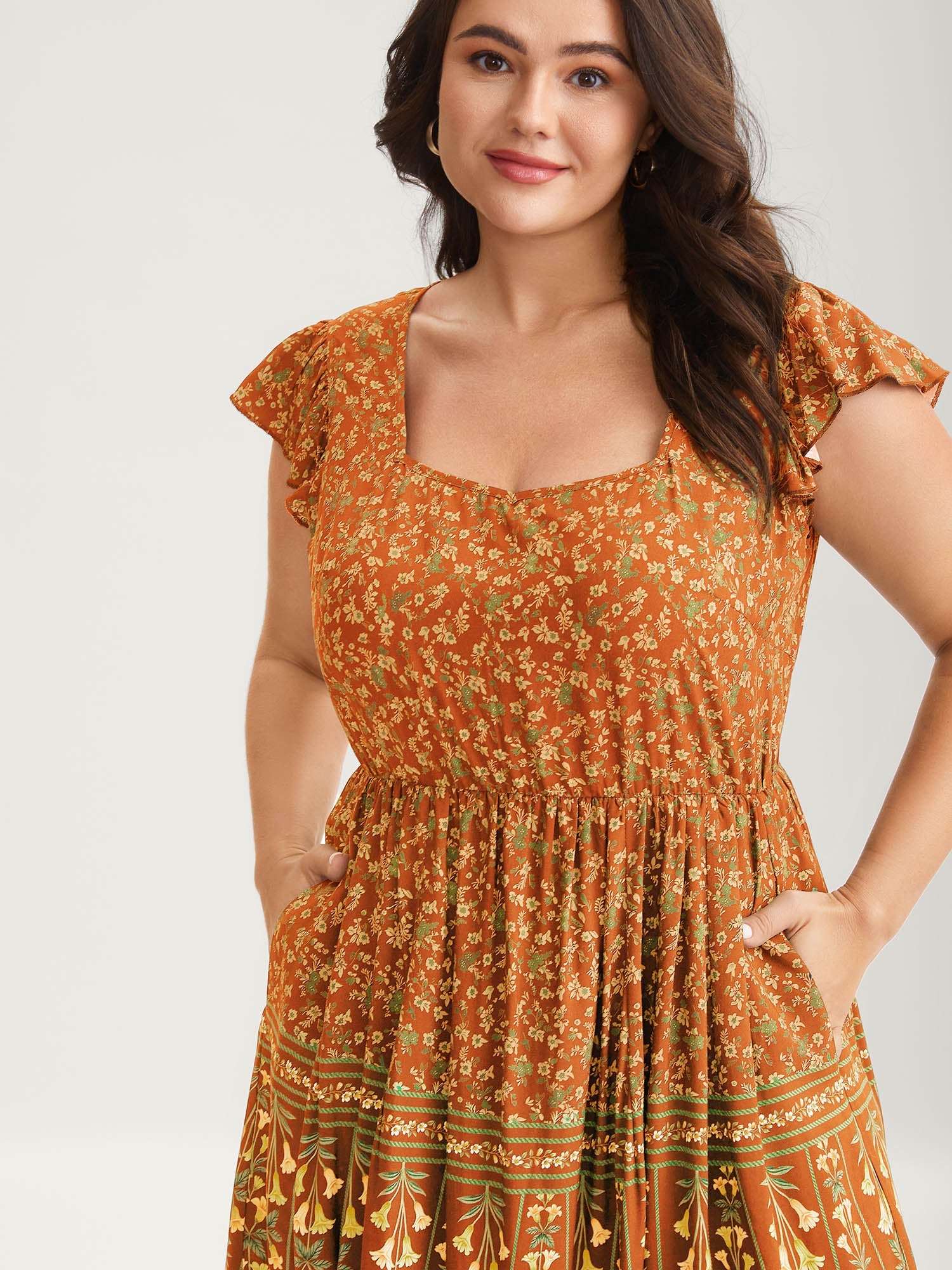 Rayon Garden Fresh Ruffled Sleeve Midi Dress
