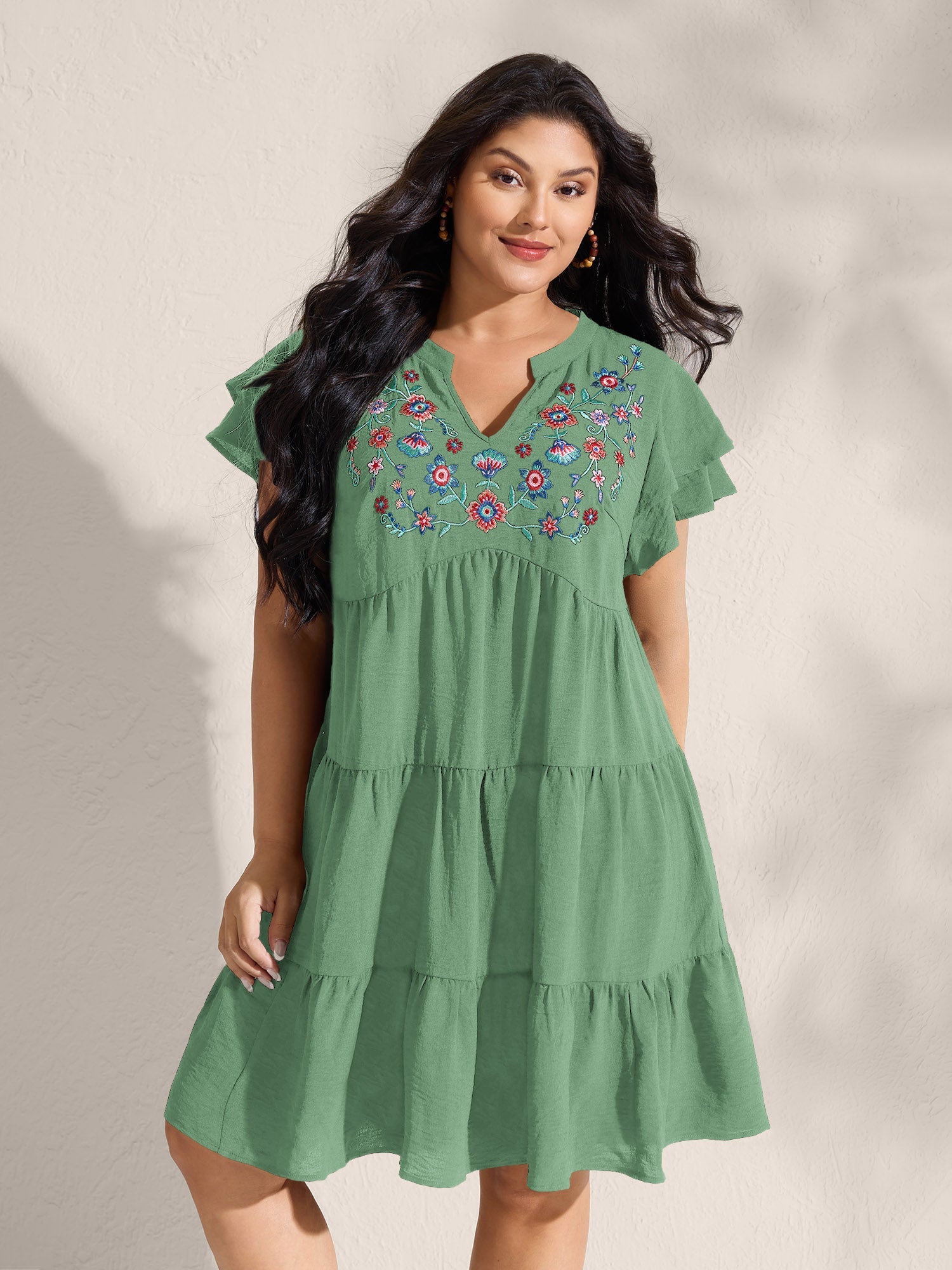 Embroidered Neckline A-Line Ruffled Knee-Length Dress