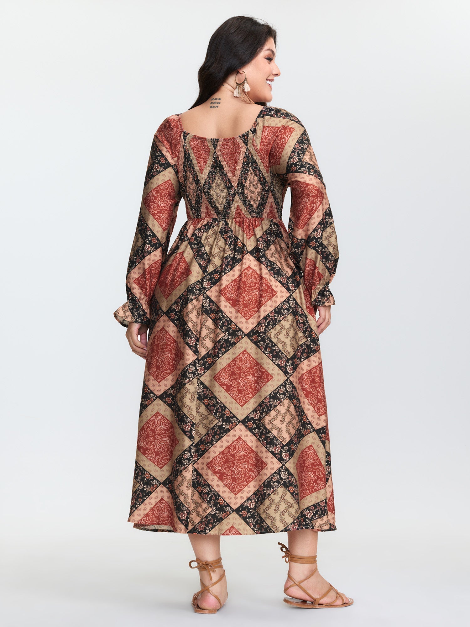 Geometric Print Shirred Bodice Midi Dress