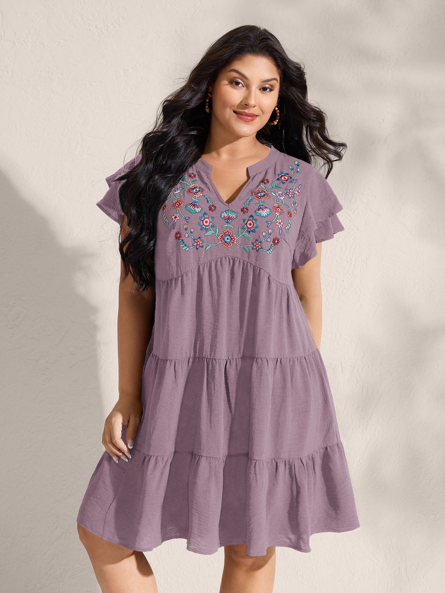 Embroidered Neckline A-Line Ruffled Knee-Length Dress