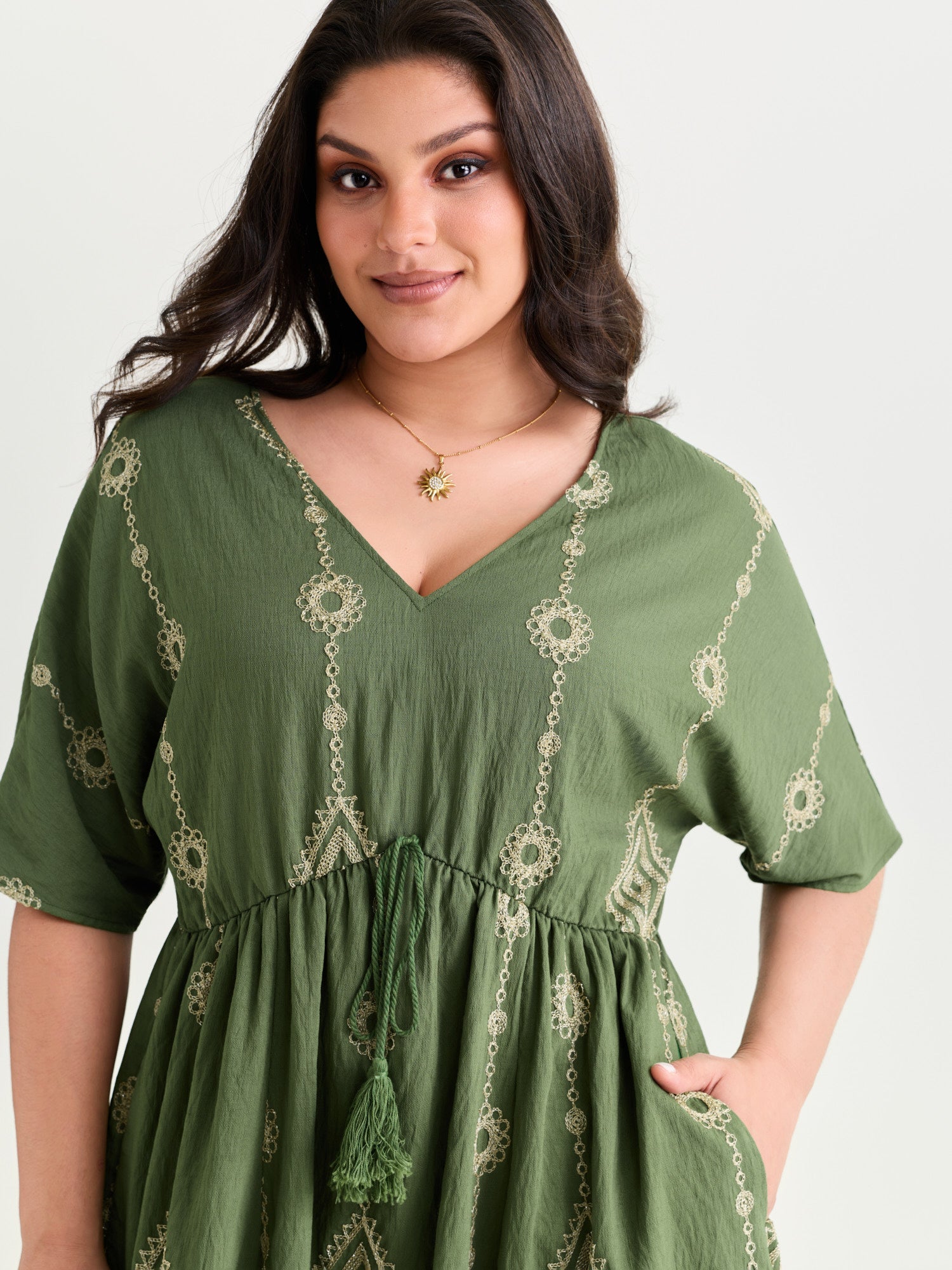 Boho Embroidered Waist Tie Mini Dress