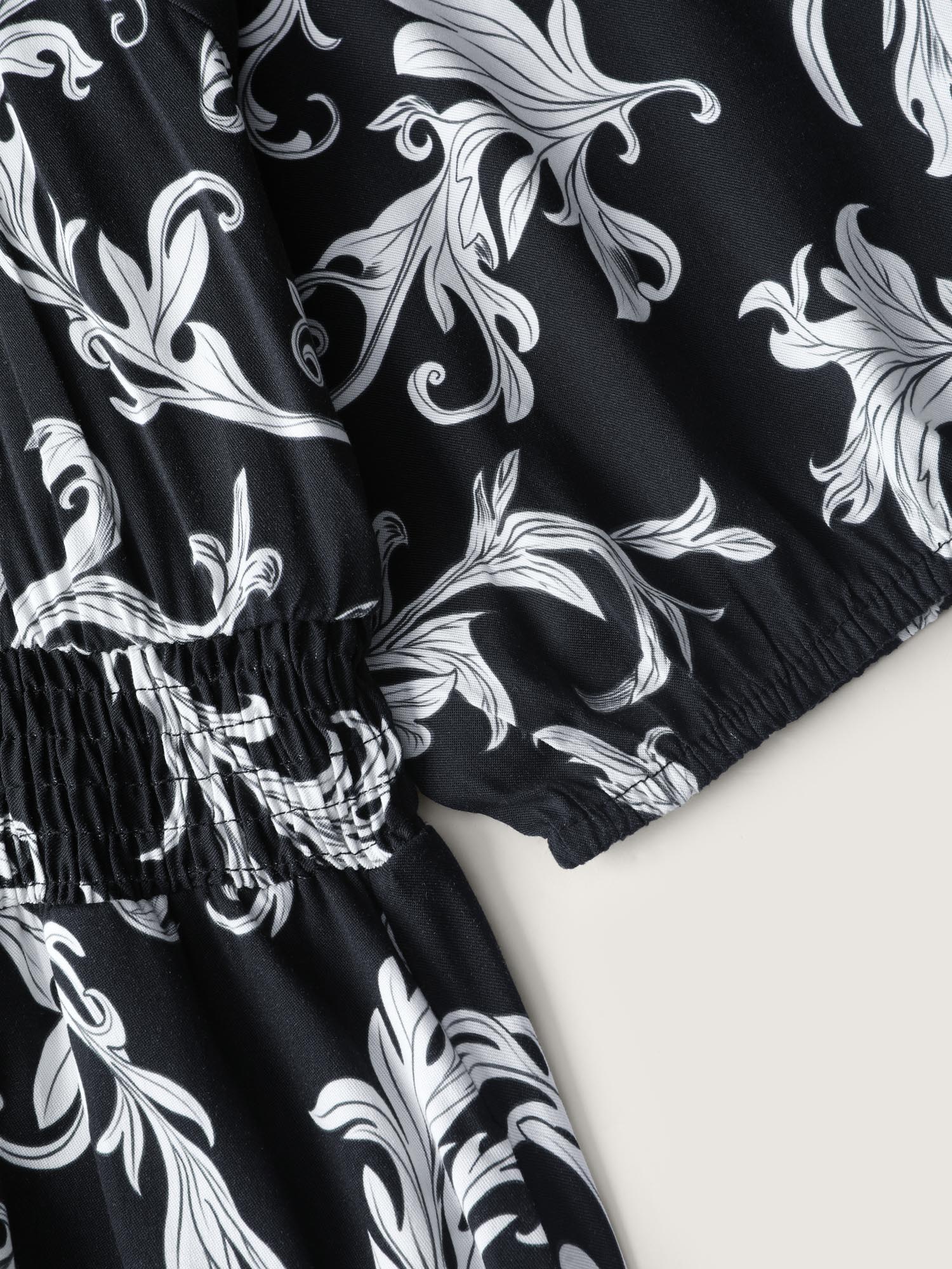 Scroll Pattern Adjustable Drawstring Pockets Midi Dress