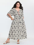 Geometric Print Pockets Surplice Maxi Dress