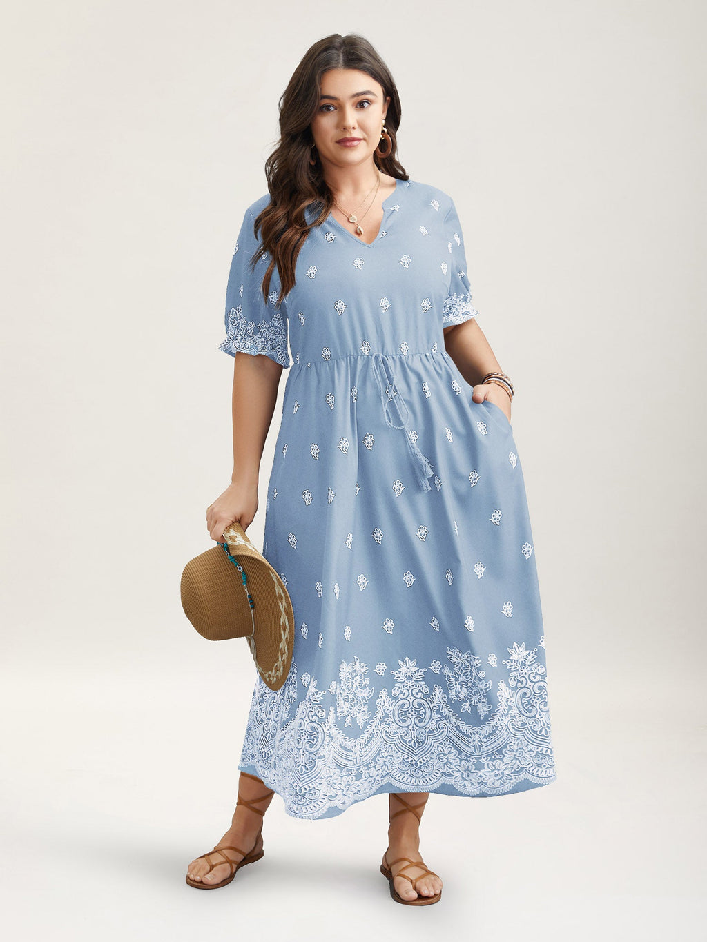 Floral Waist-Tie Notched Collar Midi Dress
