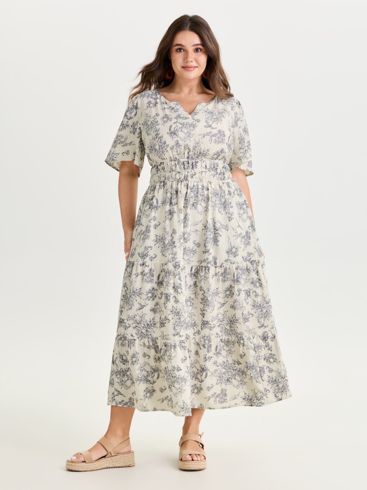 Textured Shirred Cinched Waist Maxi Dress