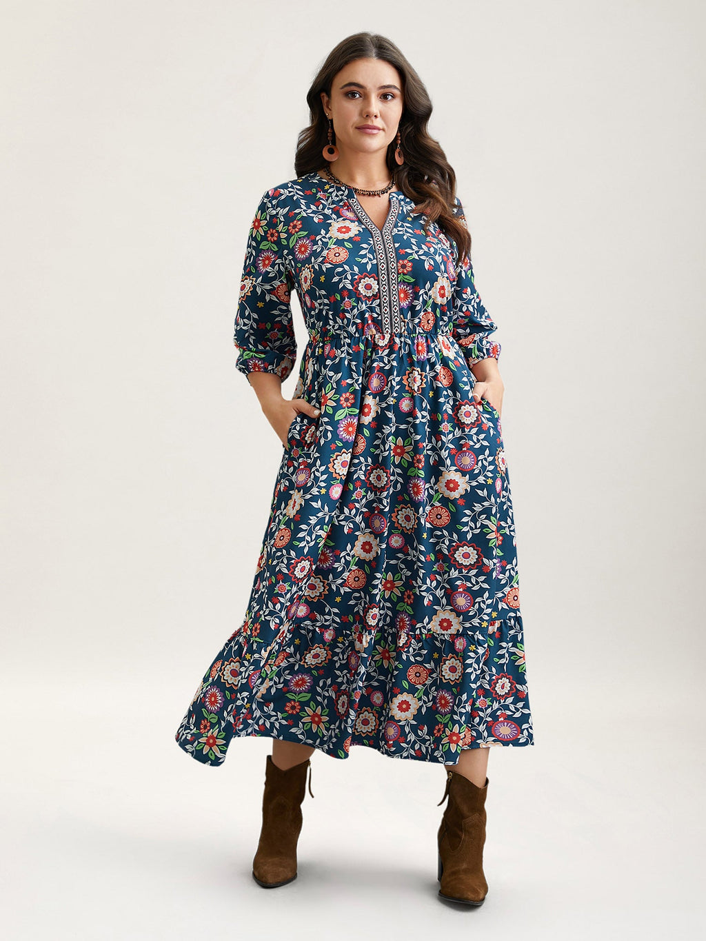 Floral Print Stretchy-Waist Pockets Midi Dress