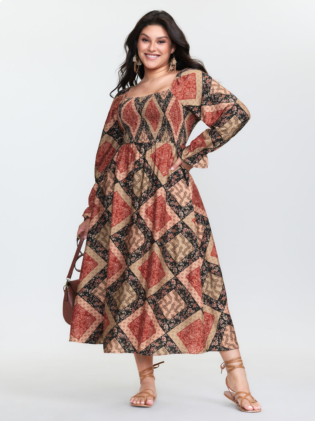 Geometric Print Shirred Bodice Midi Dress