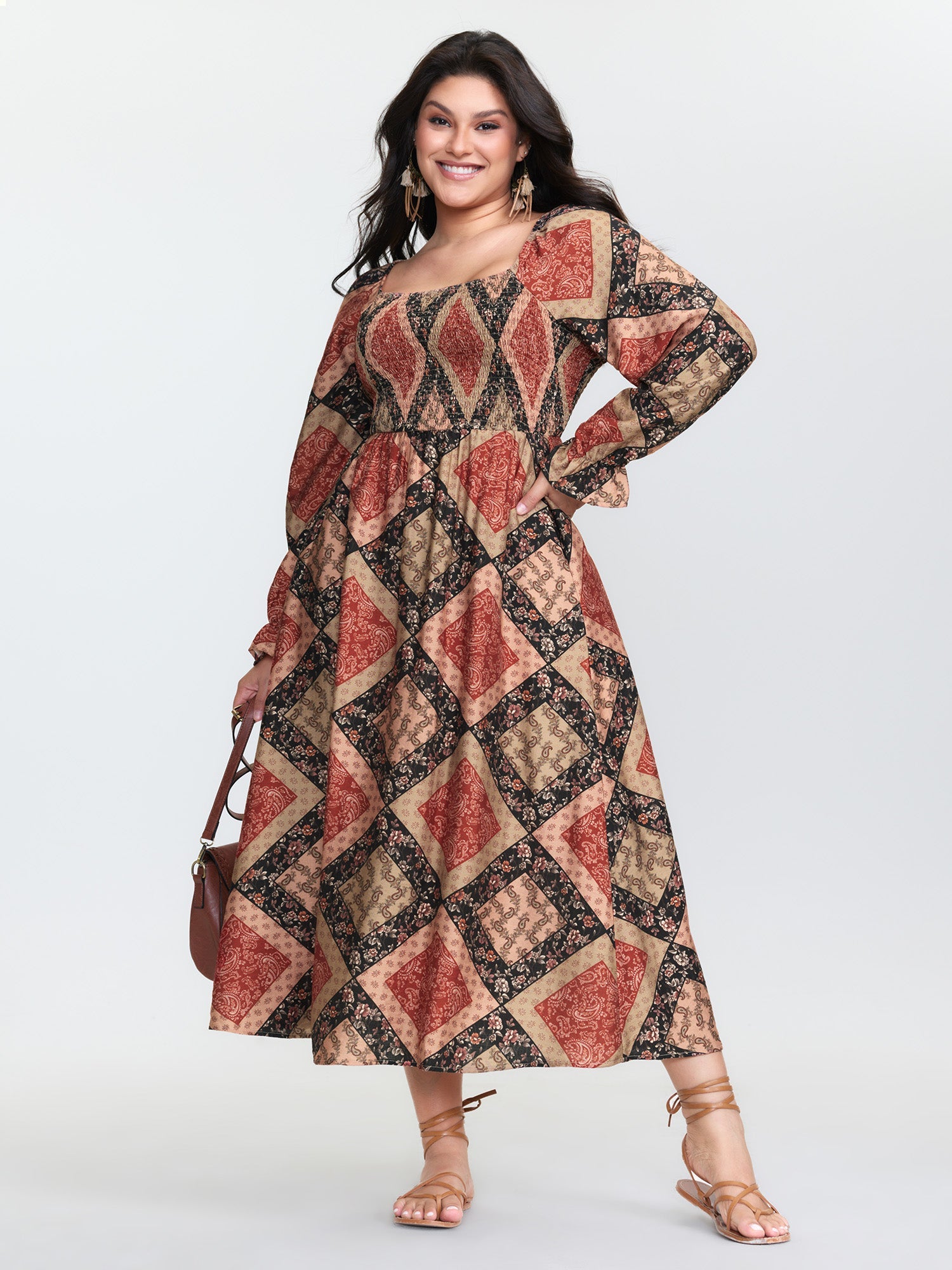 Geometric Print Shirred Bodice Midi Dress