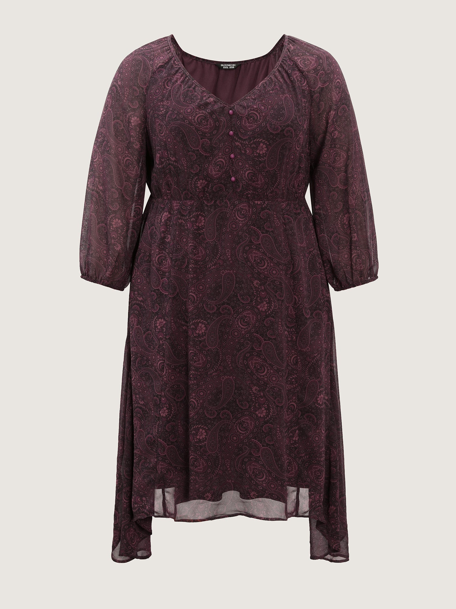 Sheer Sleeve Contrast V-Neck Midi Dress