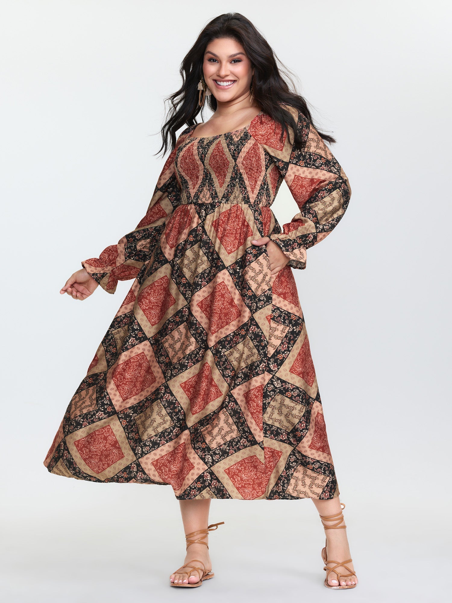 Geometric Print Shirred Bodice Midi Dress