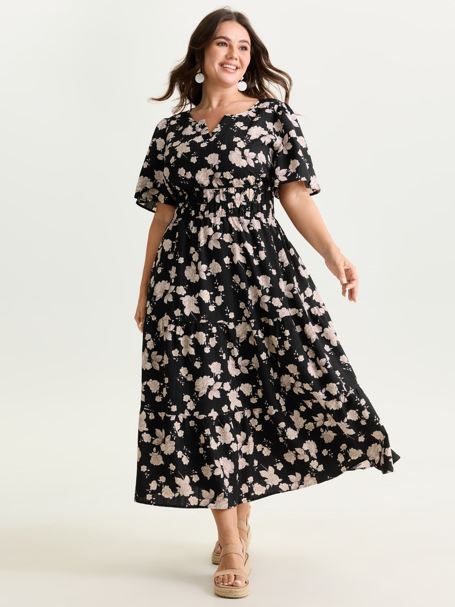 Textured Shirred Cinched Waist Maxi Dress