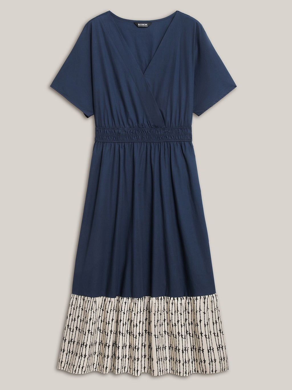 Cotton Color Block Cinched-Waist Spliced Midi Dress