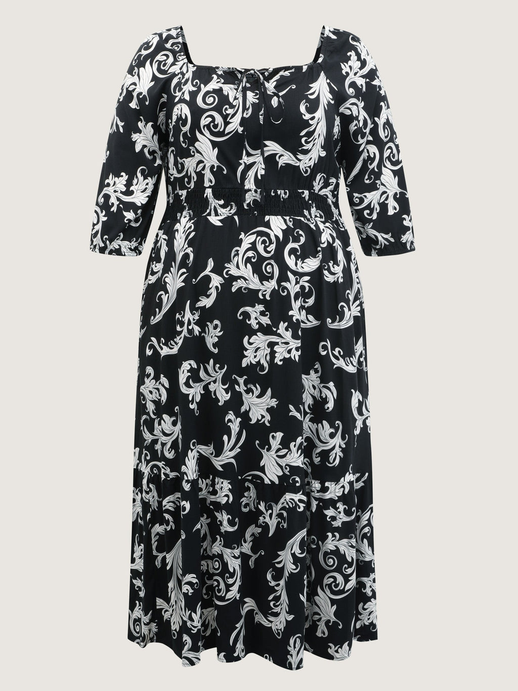 Scroll Pattern Adjustable Drawstring Pockets Midi Dress