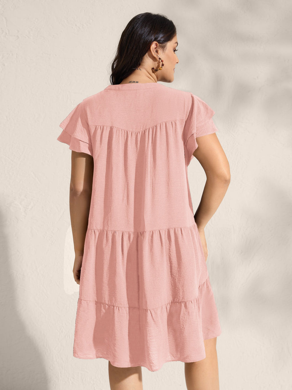 Embroidered Neckline A-Line Ruffled Knee-Length Dress