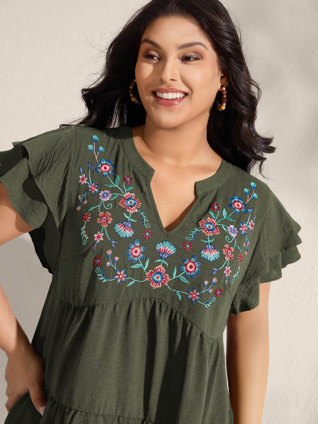 Embroidered Neckline A-Line Ruffled Knee-Length Dress