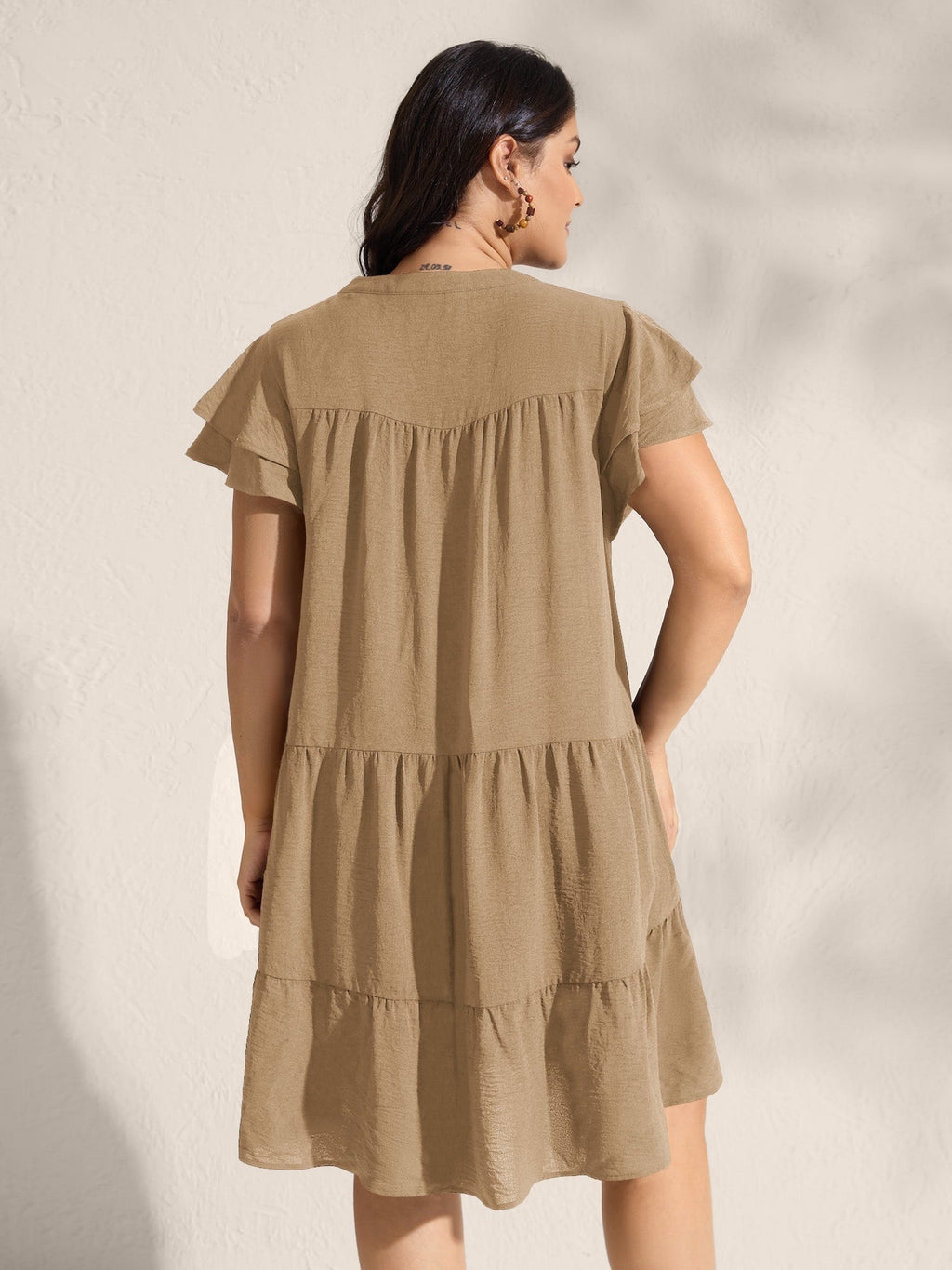 Embroidered Neckline A-Line Ruffled Knee-Length Dress