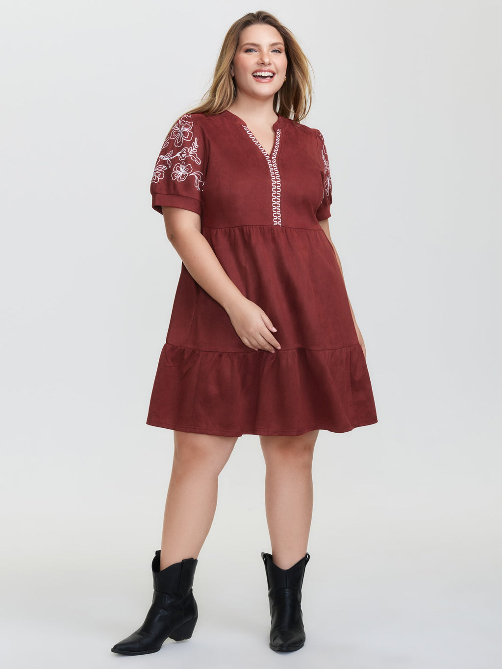 Thread Embroidery Tiered Pockets Mini Dress