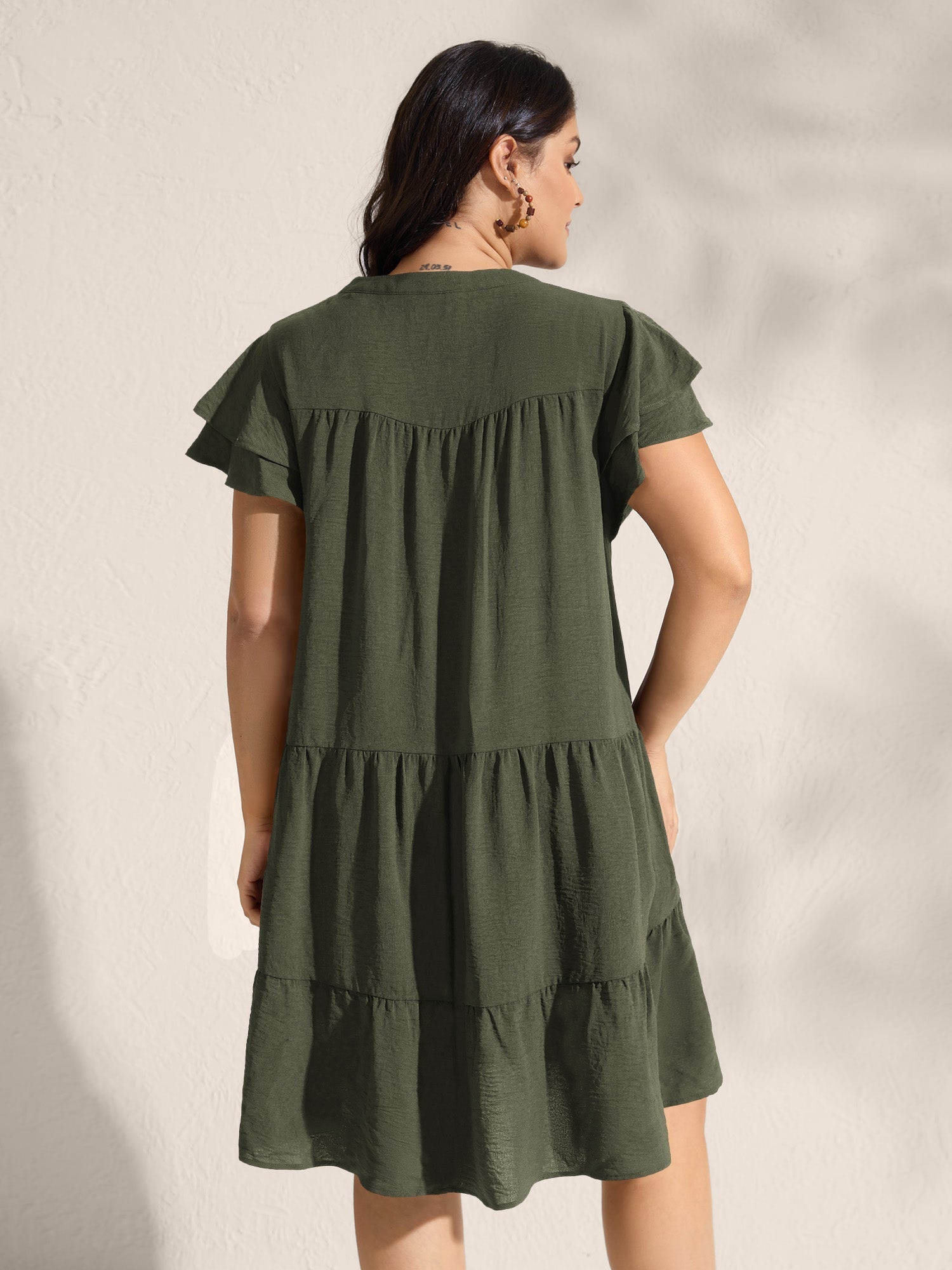 Embroidered Neckline A-Line Ruffled Knee-Length Dress