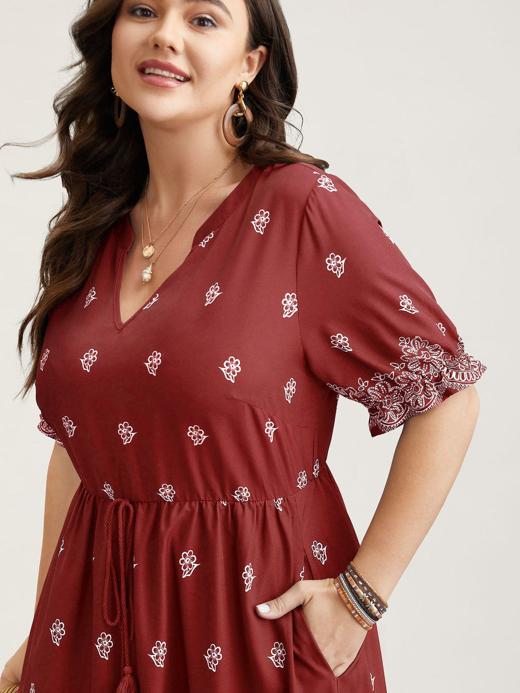 Floral Waist-Tie Notched Collar Midi Dress