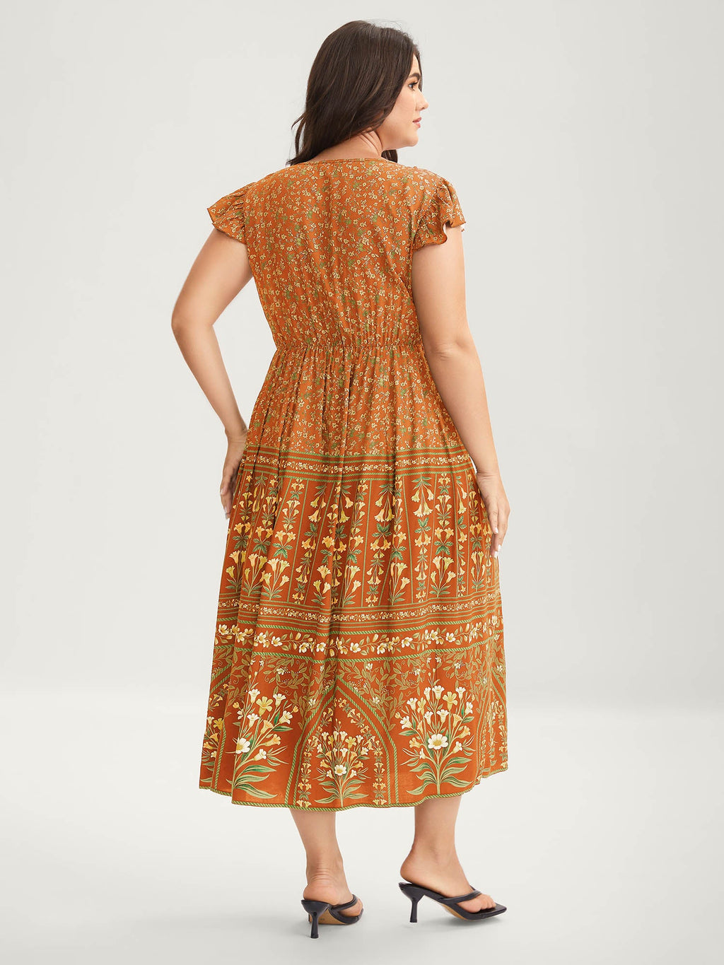 Rayon Garden Fresh Ruffled Sleeve Midi Dress