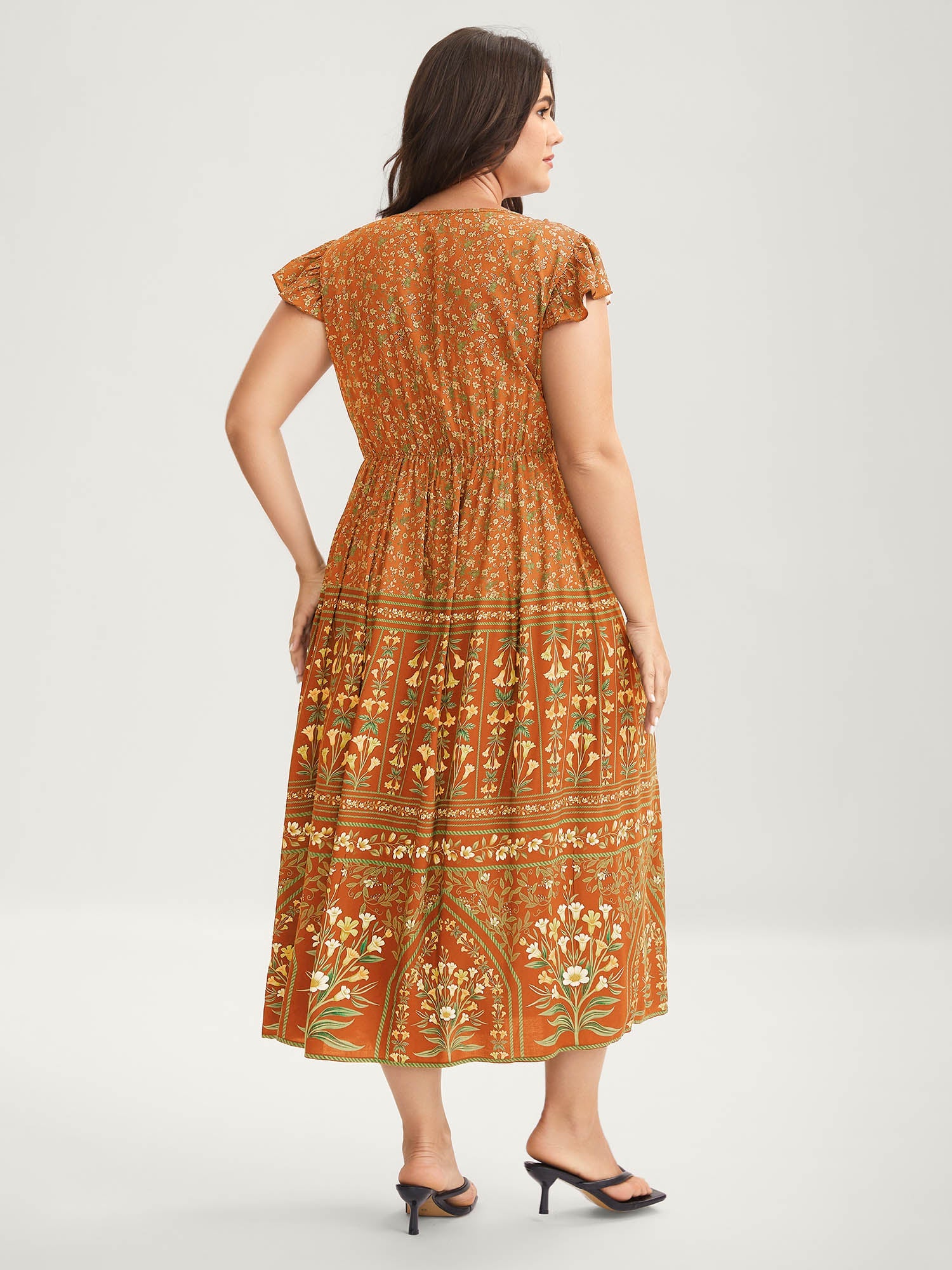 Rayon Garden Fresh Ruffled Sleeve Midi Dress
