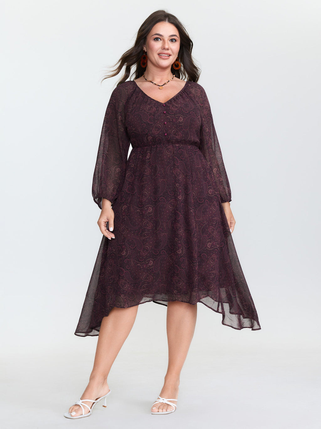 Sheer Sleeve Contrast V-Neck Midi Dress