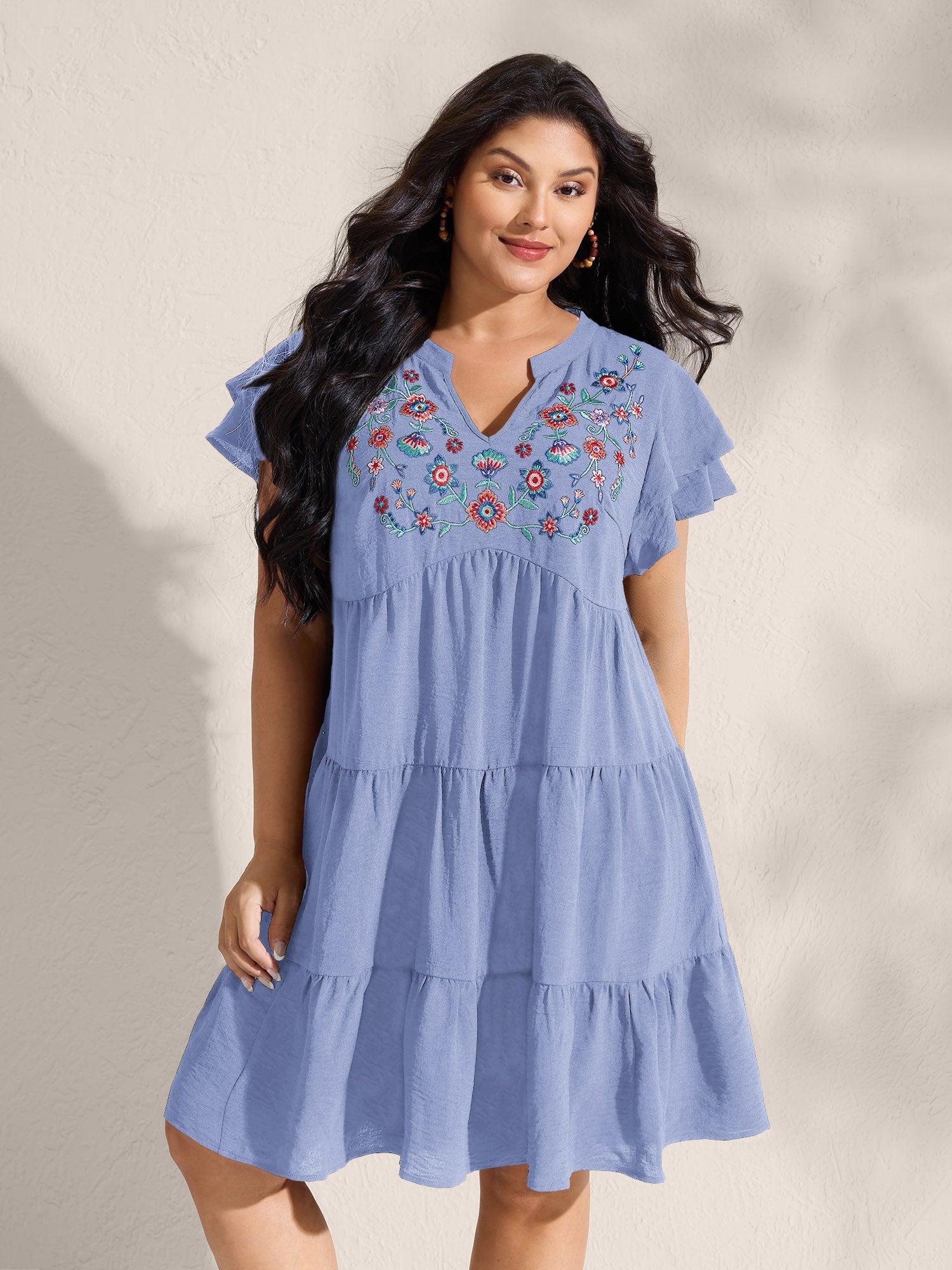 Embroidered Neckline A-Line Ruffled Knee-Length Dress