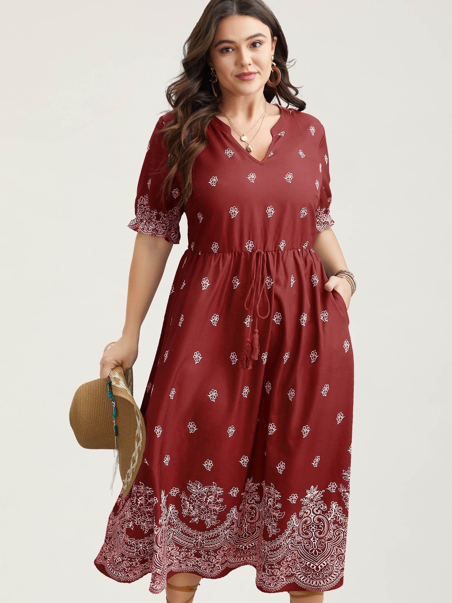 Floral Waist-Tie Notched Collar Midi Dress