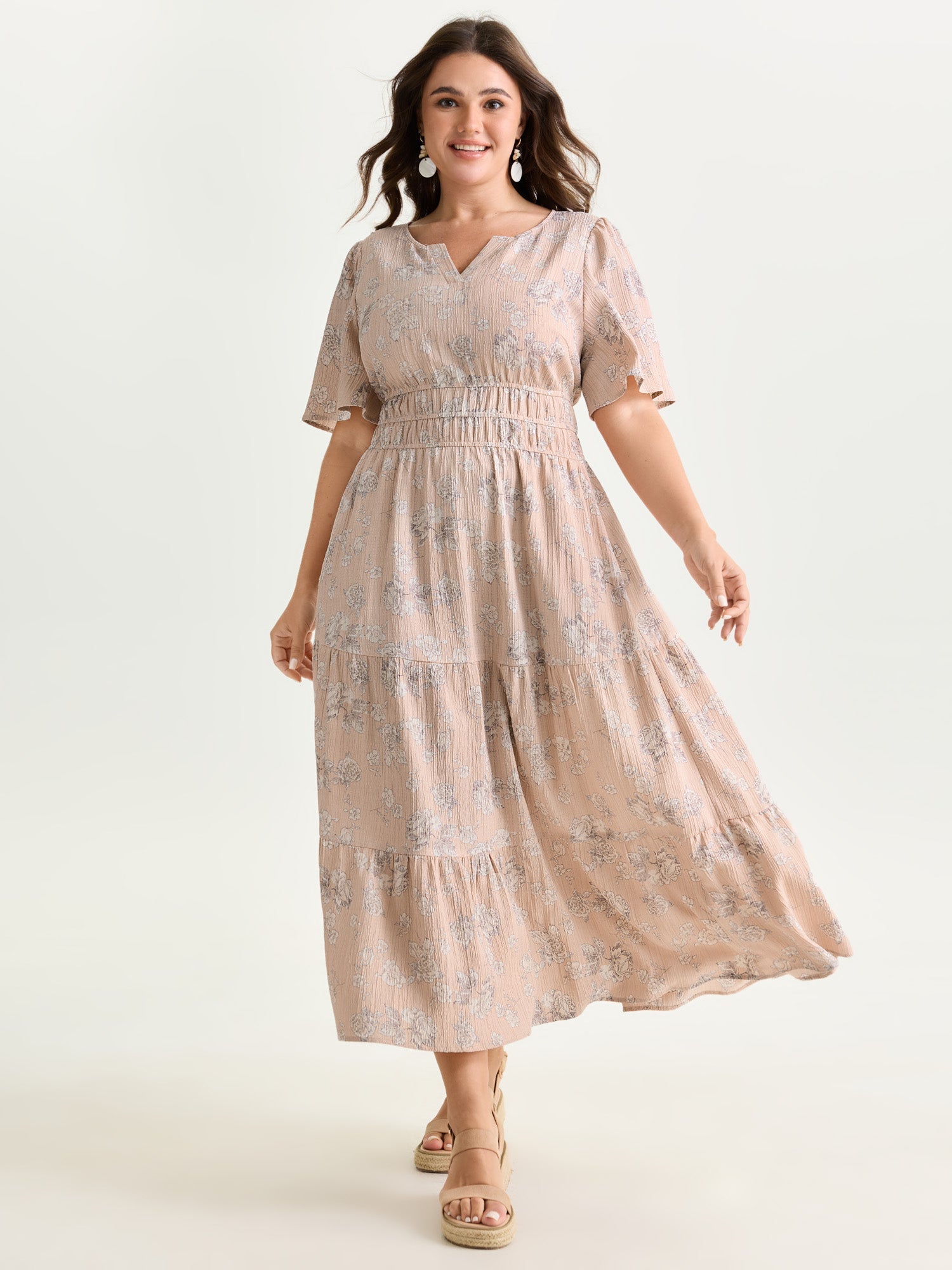 Textured Shirred Cinched Waist Maxi Dress