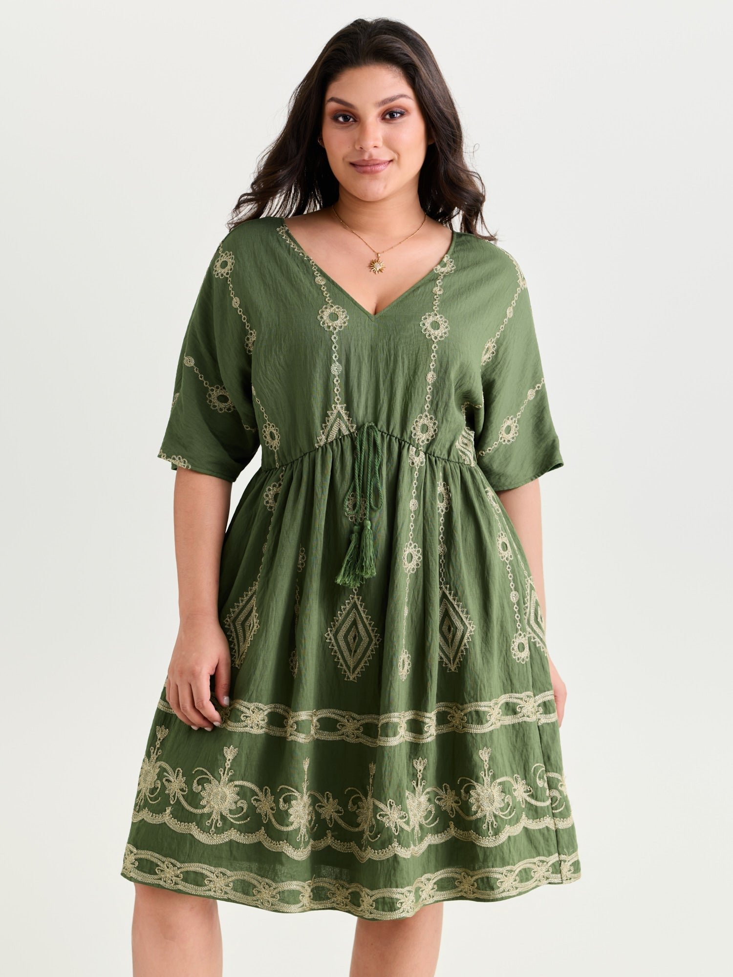 Boho Embroidered Waist Tie Mini Dress