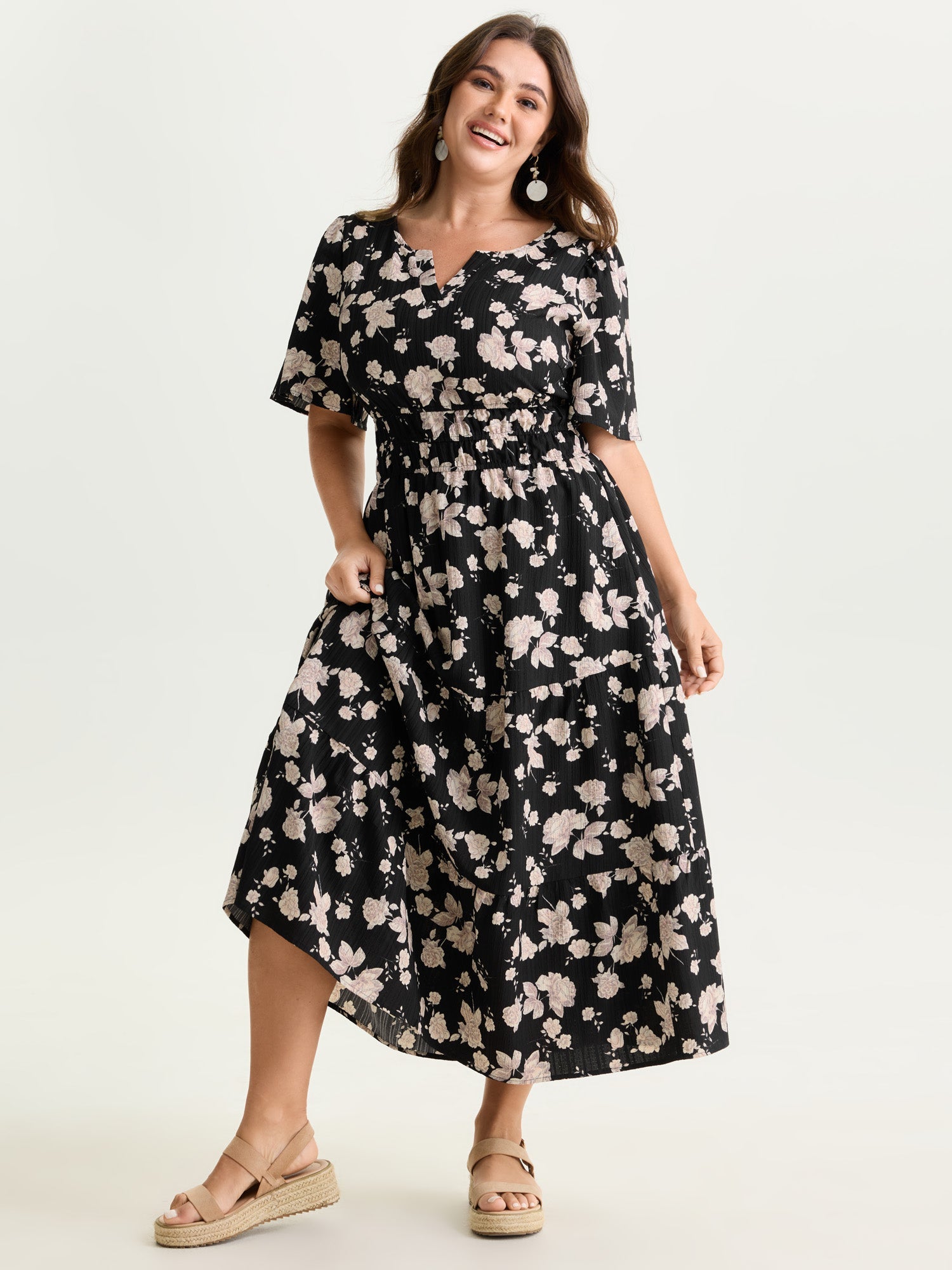 Textured Shirred Cinched Waist Maxi Dress